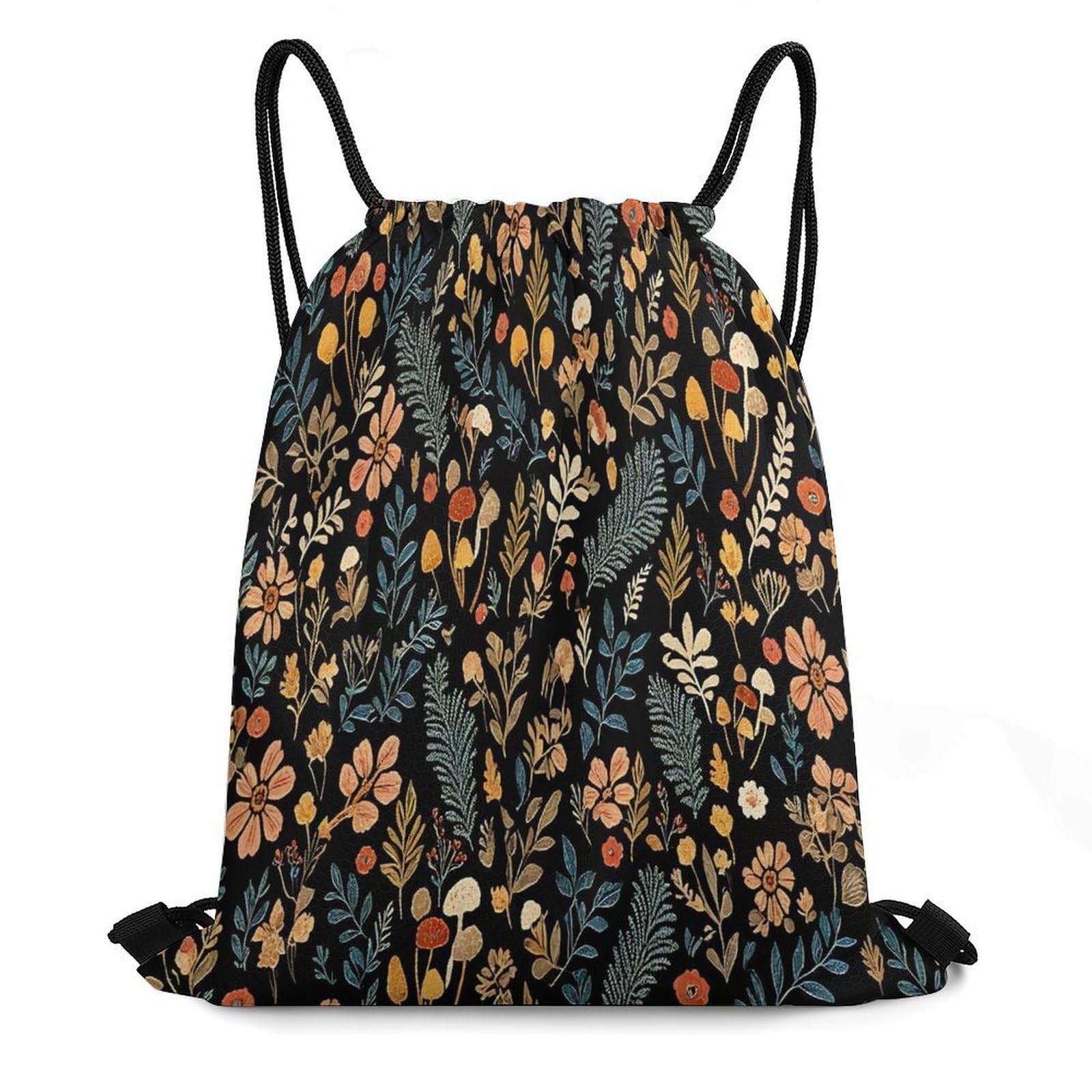 CASOWAT Boho Black Floral Drawstring Backpack, Lightweight Daypack for Men Women Fit Travel, Sports, Gym, Travel And Beach 16x14 IN