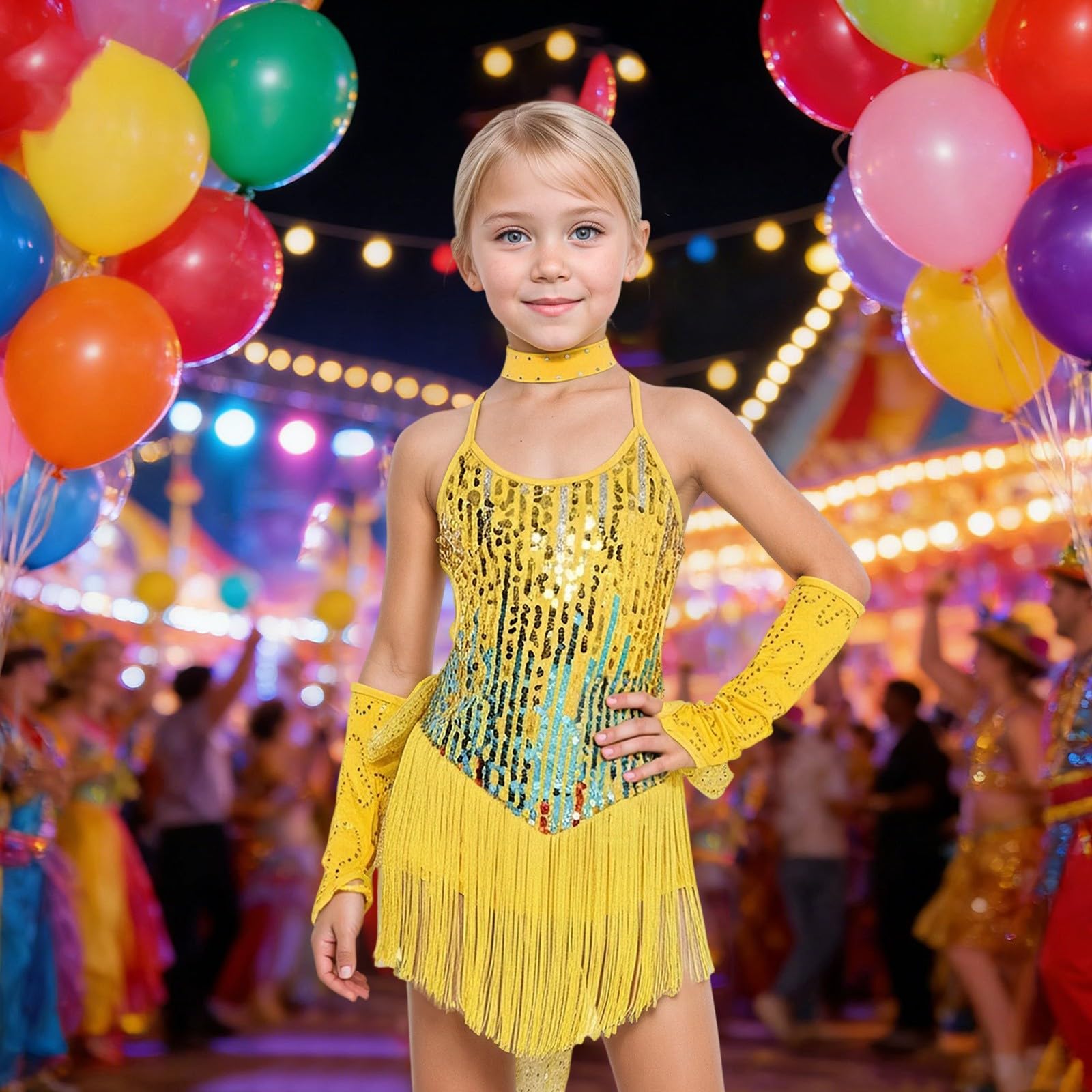 Generico Vestito Latino Americano Bambina Abito Sottoveste Danza Scollo Senza Schienale Gonna con Nappe Decorazione con Paillettes Costumi di Scena