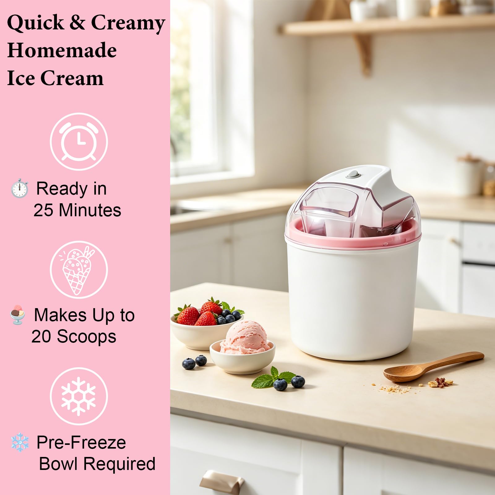Maszyna do lodów 1,6 L, do lodów, sorbetów i mrożonego jogurtu, maszyna do lodów włoskich z sterowaniem One-Touch, 20–40 min. czasu przygotowania, z otworem do nalewania i dwusciennie