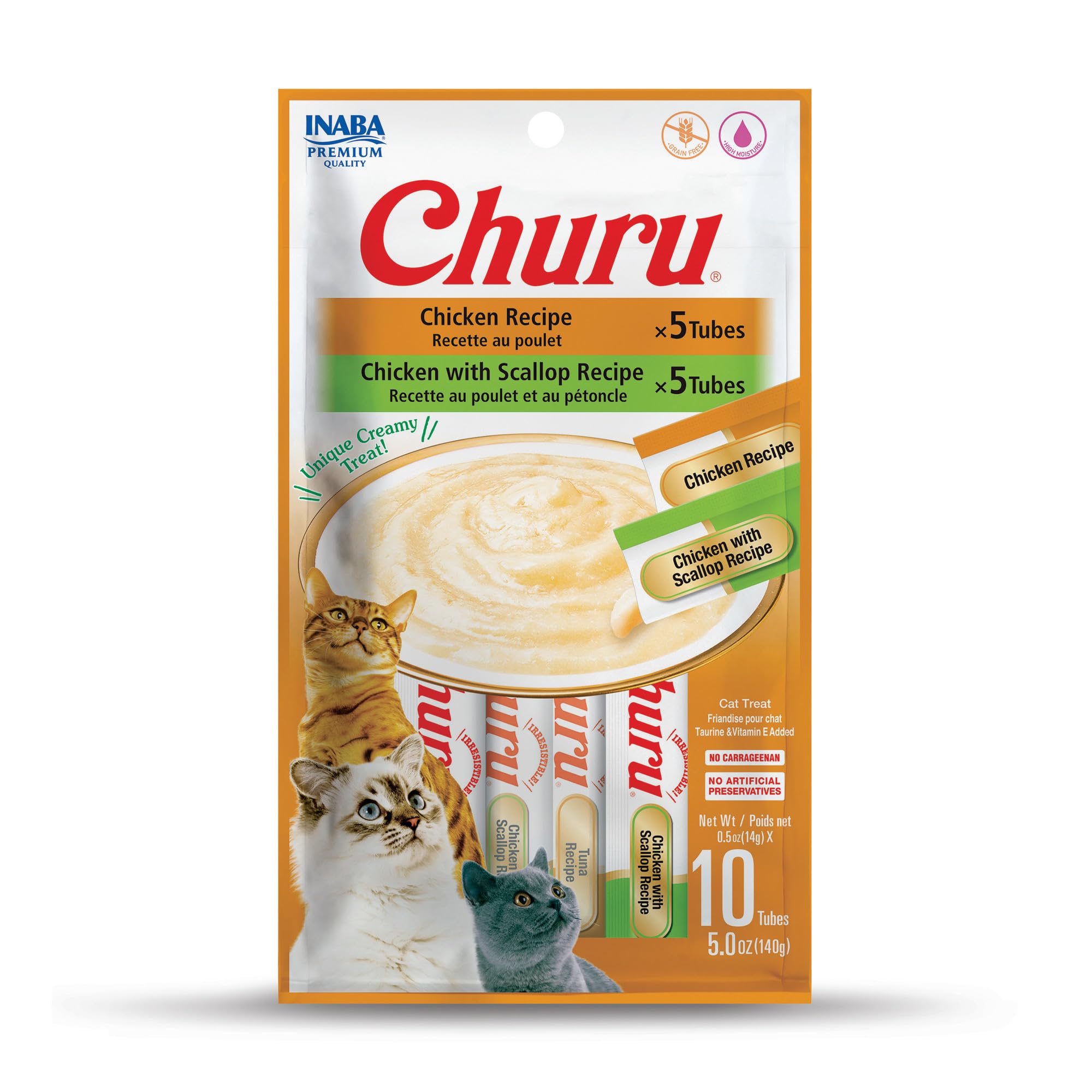 INABA Churu Cat Treats, Lickable, Squeezable Creamy Purée Cat Treat with Green Tea Extract &amp; Taurine, 0.5 Ounces Each Tube, 10 Tubes, Chicken Variety