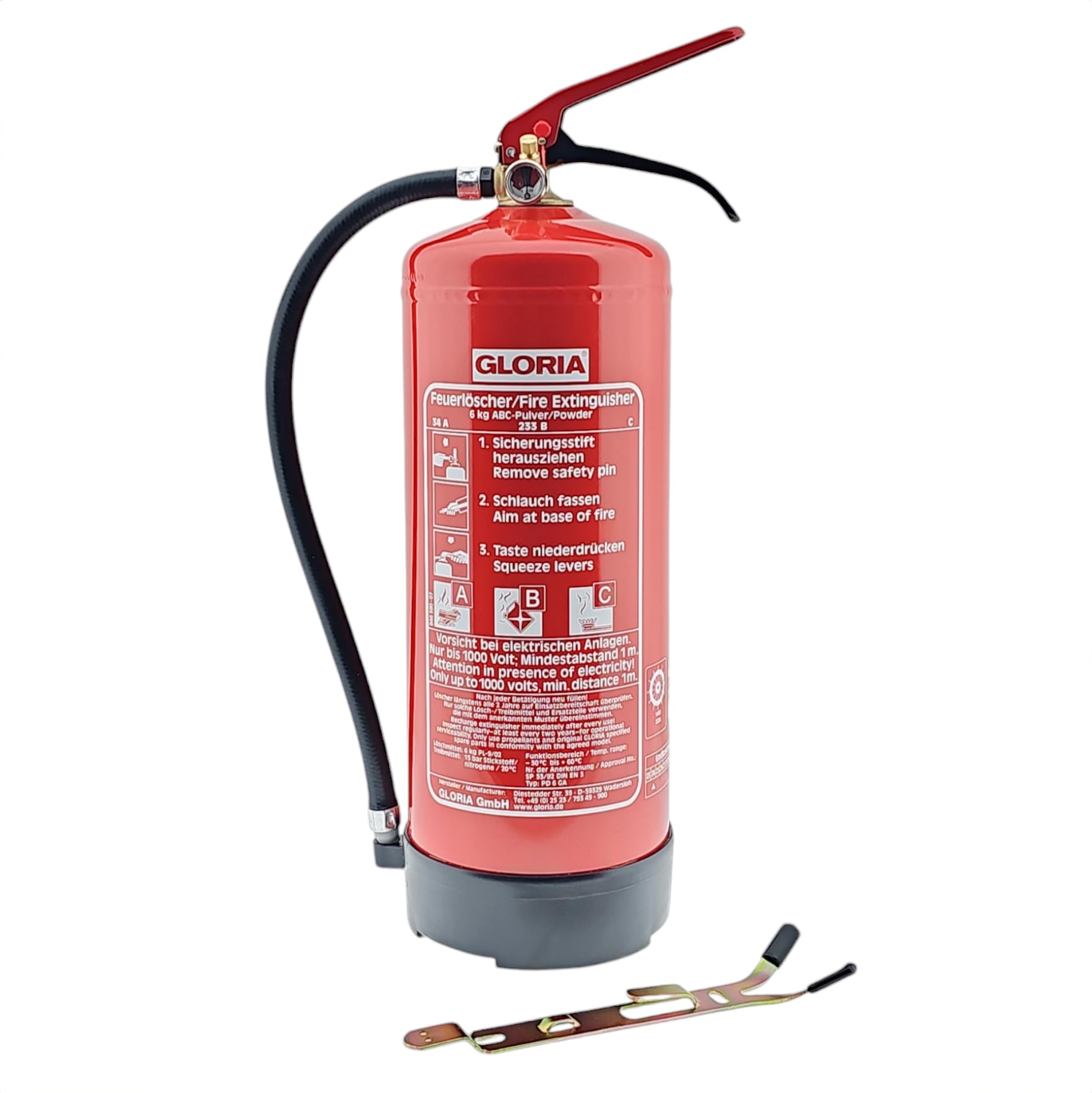 Gloria PD 6 GA Pulverlöscher - 6kg Dauerdrucklöscher - Brandklassen A, B, C - inkl. Wandhalterung