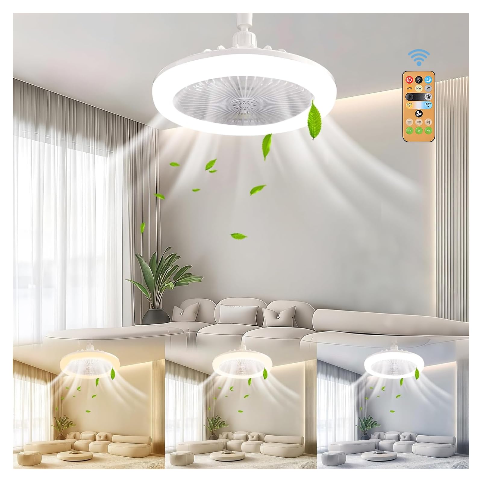 Ceiling Fan with Light, Ceiling Fan Lamp Continuously Dimming with 3 Light Colours, 3 Speeds and Quiet Operation for Bedroom, Office, Dining Room, More