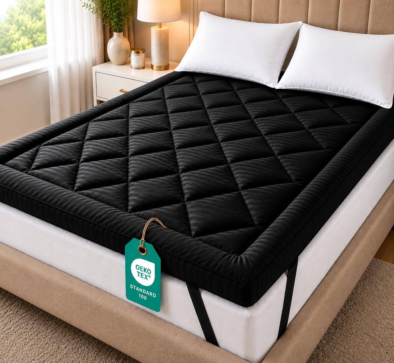 Linens World Super King Mattress Topper 10cm Thick Black Stripe, Extra Deep Quilted Bed Topper with 1200GSM Hollow Fibre Filling, Soft Fluffy Breathable Microfibre Cover, Elastic Straps (180x200cm)
