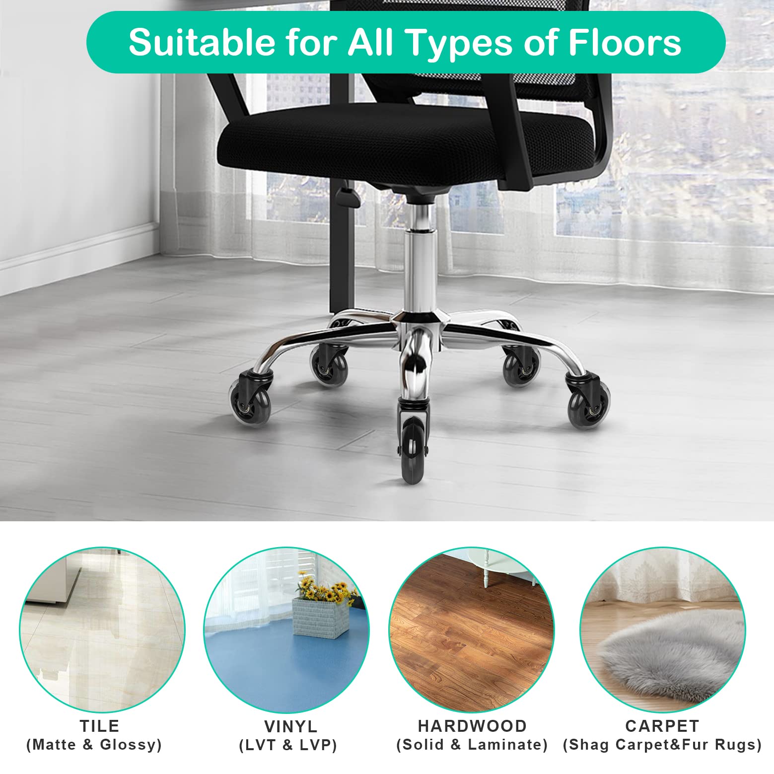 Hirate Ruedas para silla de oficina de 7.6 cm con vástago roscado de 5/40.6 cm-18UNC, ruedas resistentes de repuesto para suelos de madera, juego de 5 con tuercas de bloqueo de nailon