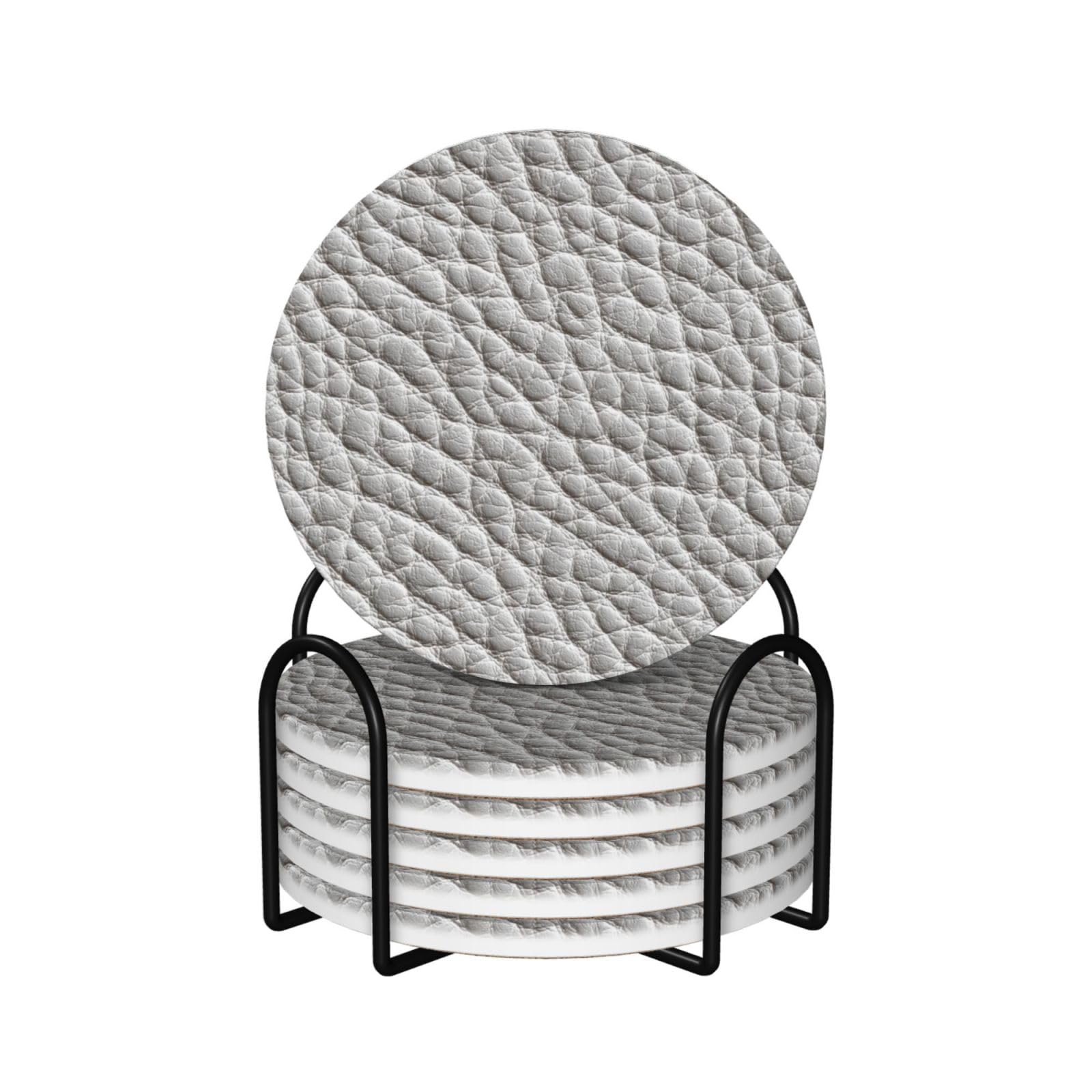 White Leather Texture Ceramic Coasters with Holder 6ps