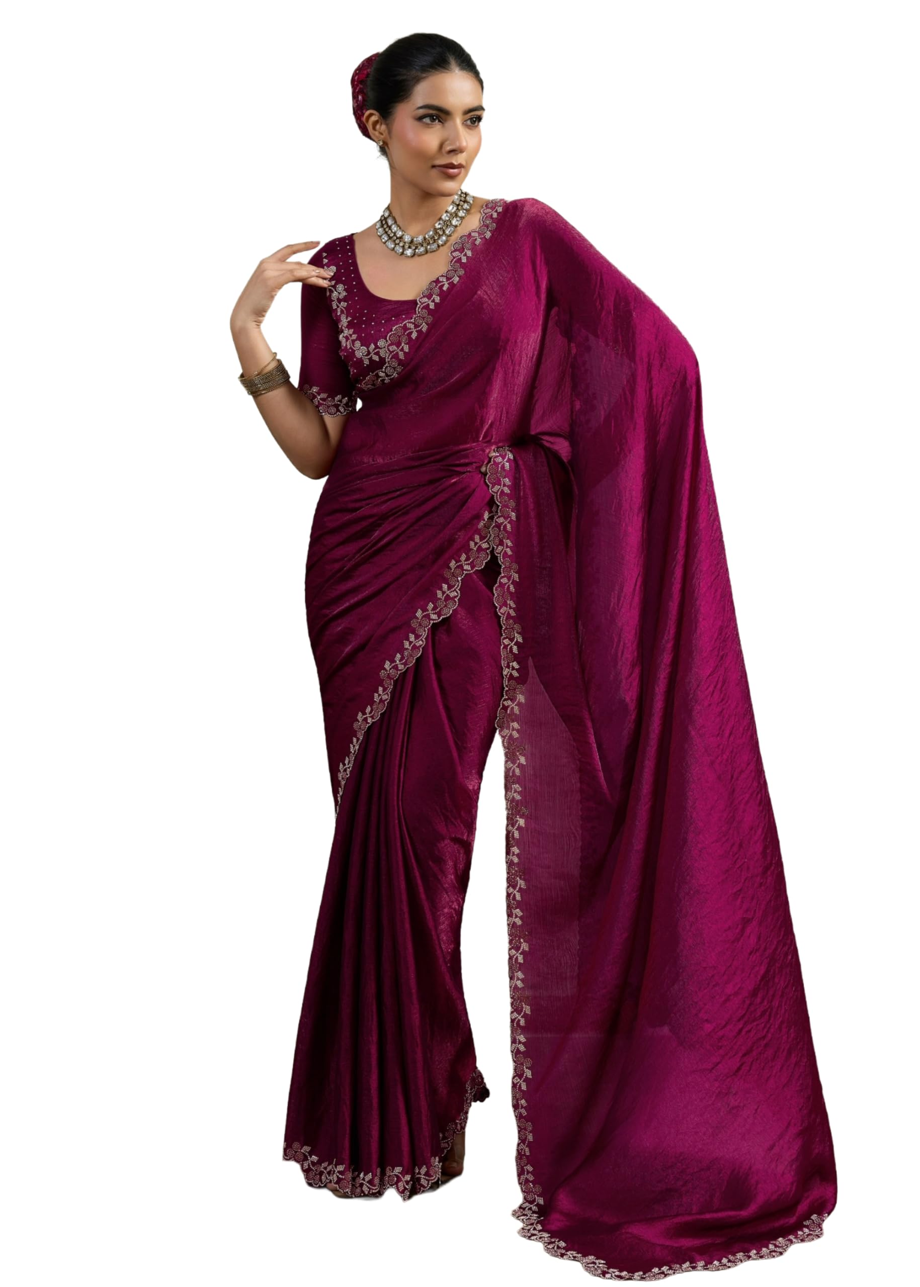 Womens Velvet Chiffon Fabric Dual Tone Zarkan Precision Work Party Wear Saree 17190