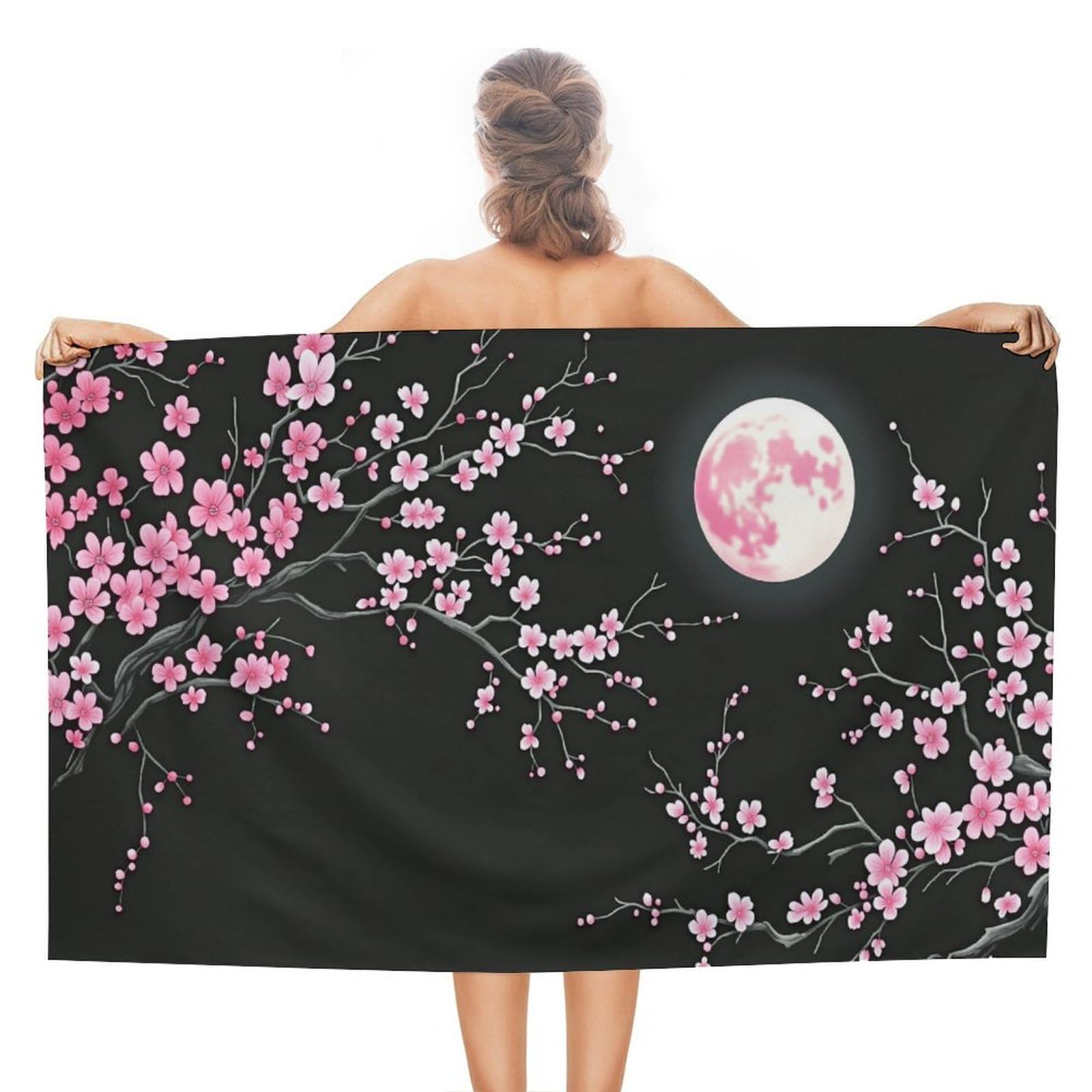 Anceky Cherry Blossom Moon Night Beach Towel Microfiber Soft Absorbent Oversized Large Bath Towel Blanket Thin Quick Dry for Adults Swimming Pool Yoga Gym Travel 51"X31"