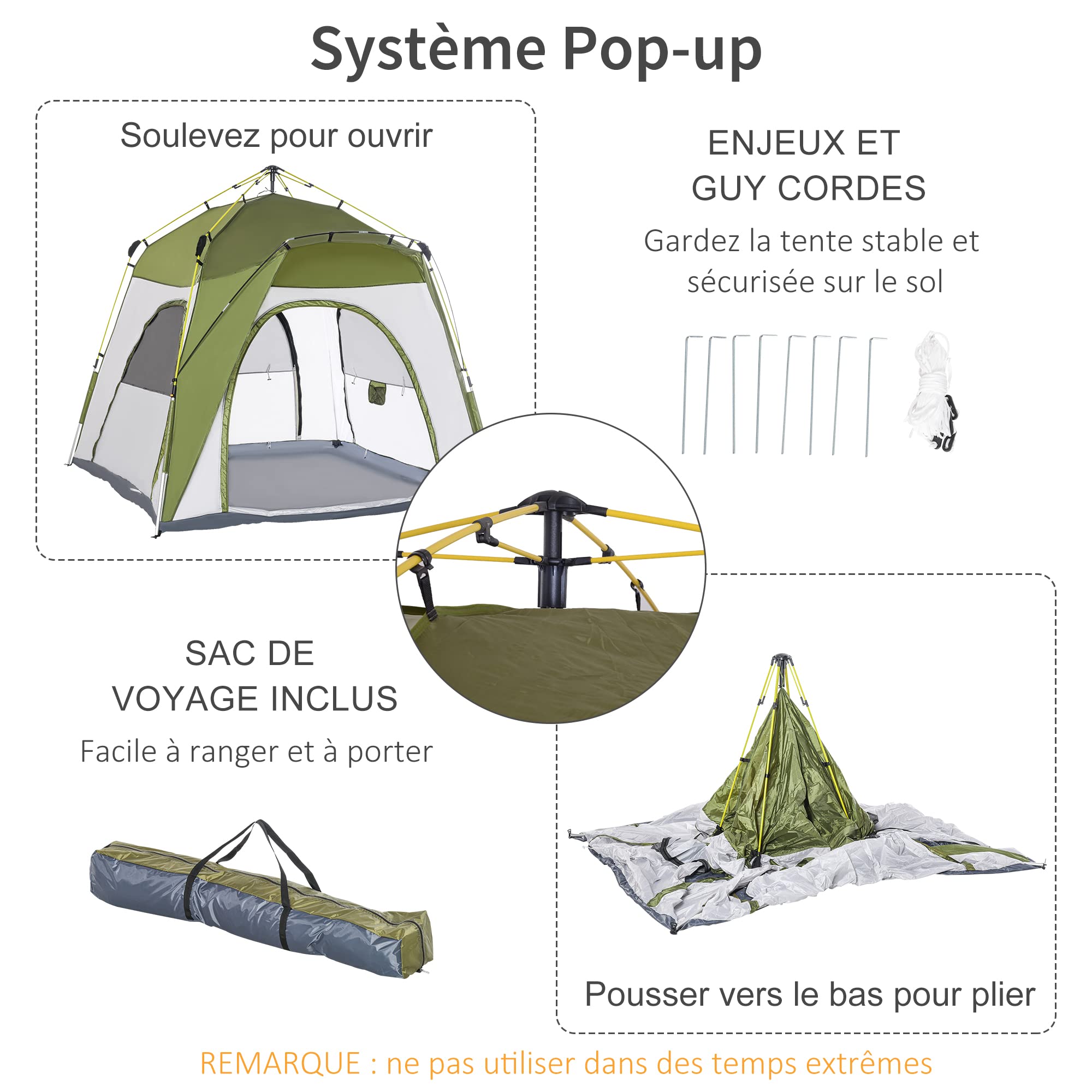 Outsunny Tente de Camping, Tente Pop up dôme familiale 3 Personnes, avec 4 Portes 4 fenêtres Sac de Transport Inclus pour Le Camping randonnée