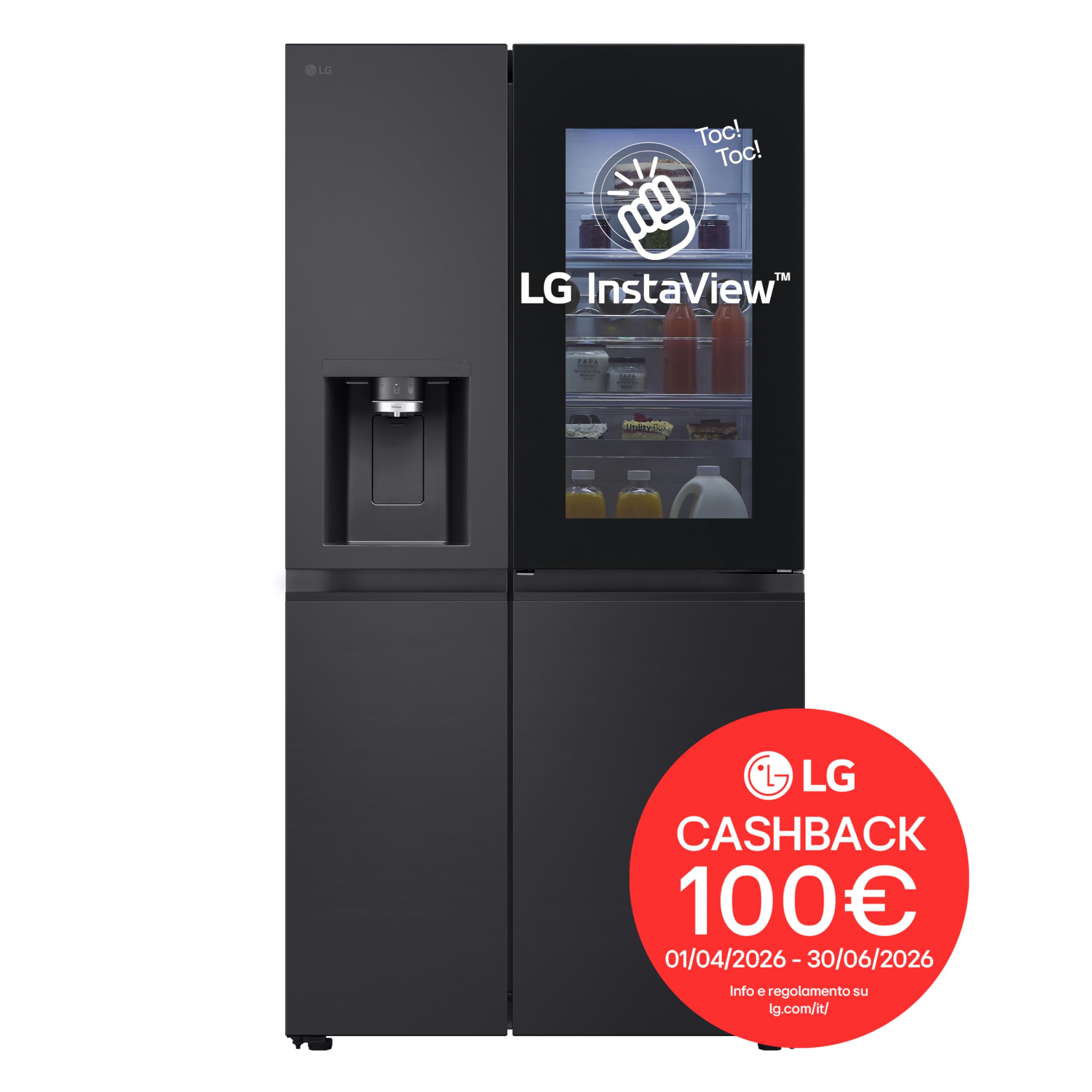LG GSXE91EVAD Frigorifero Americano InstaView, Classe D, 628 L, Wi-Fi, Dispenser Acqua UVnano Senza Allaccio, Tecnologia Door e Linear Cooling, Acciaio Nero