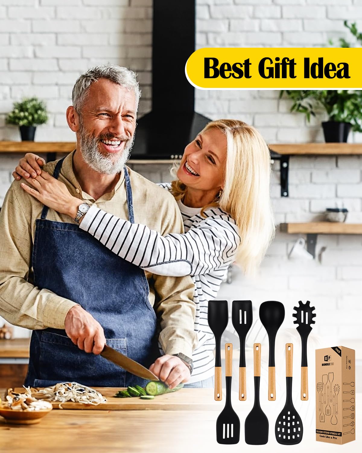 Juego de utensilios de cocina de silicona para utensilios de cocina no pegajosos, 7 piezas de utensilios de cocina resistentes al calor con mango de madera, utensilios de cocina sin BPA con espátulas