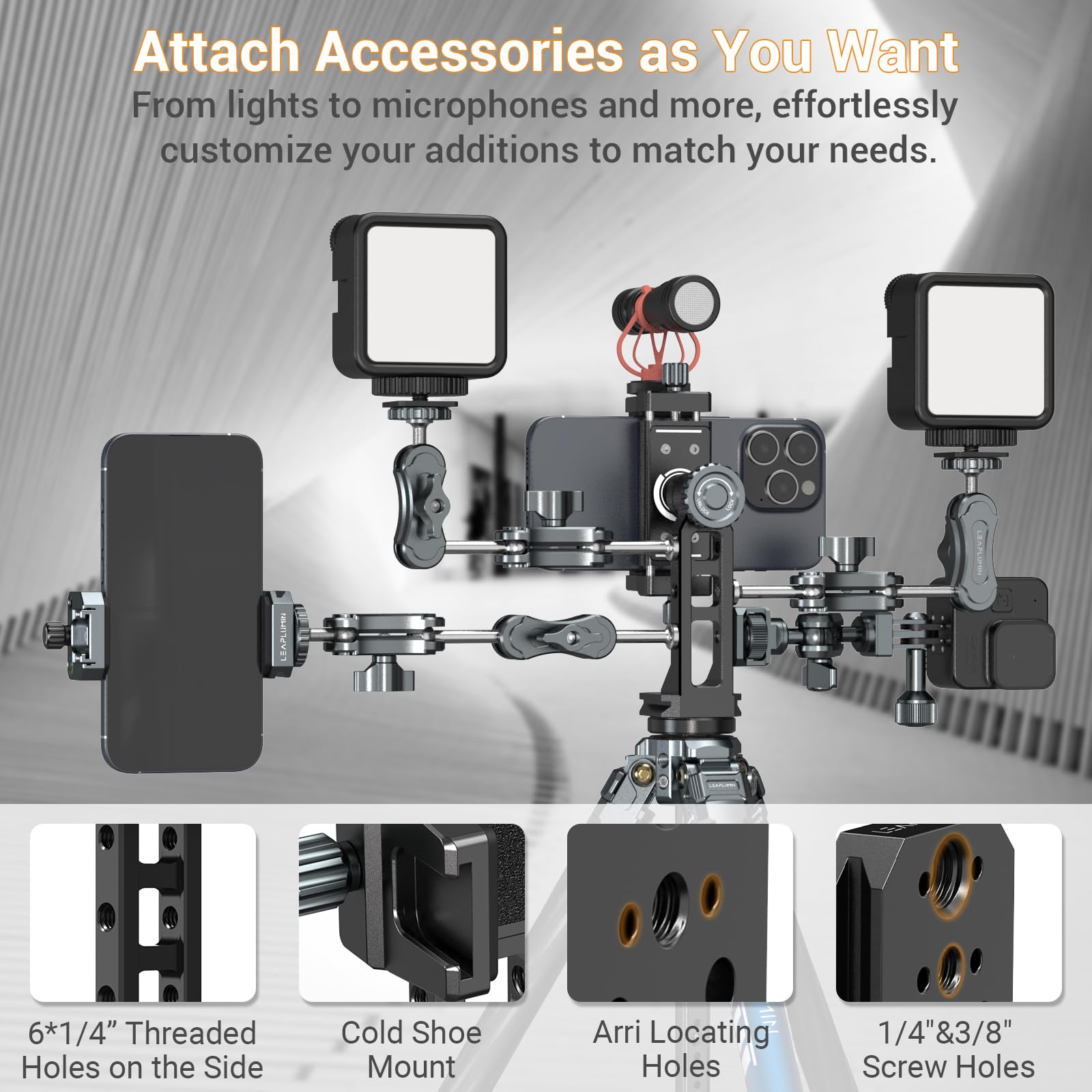Leaplumin Metal Phone Mount for Tripod with 2 Cold Shoes & Arca Port,Phone Holder Stand with 4 * 1/4