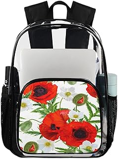 Mochila transparente com folhas de papoulas vermelhas para livros, mochila transparente impermeável com flor floral mochila transparente de PVC com alça de ombro reforçada para escola, trabalho, viagens, Multicor