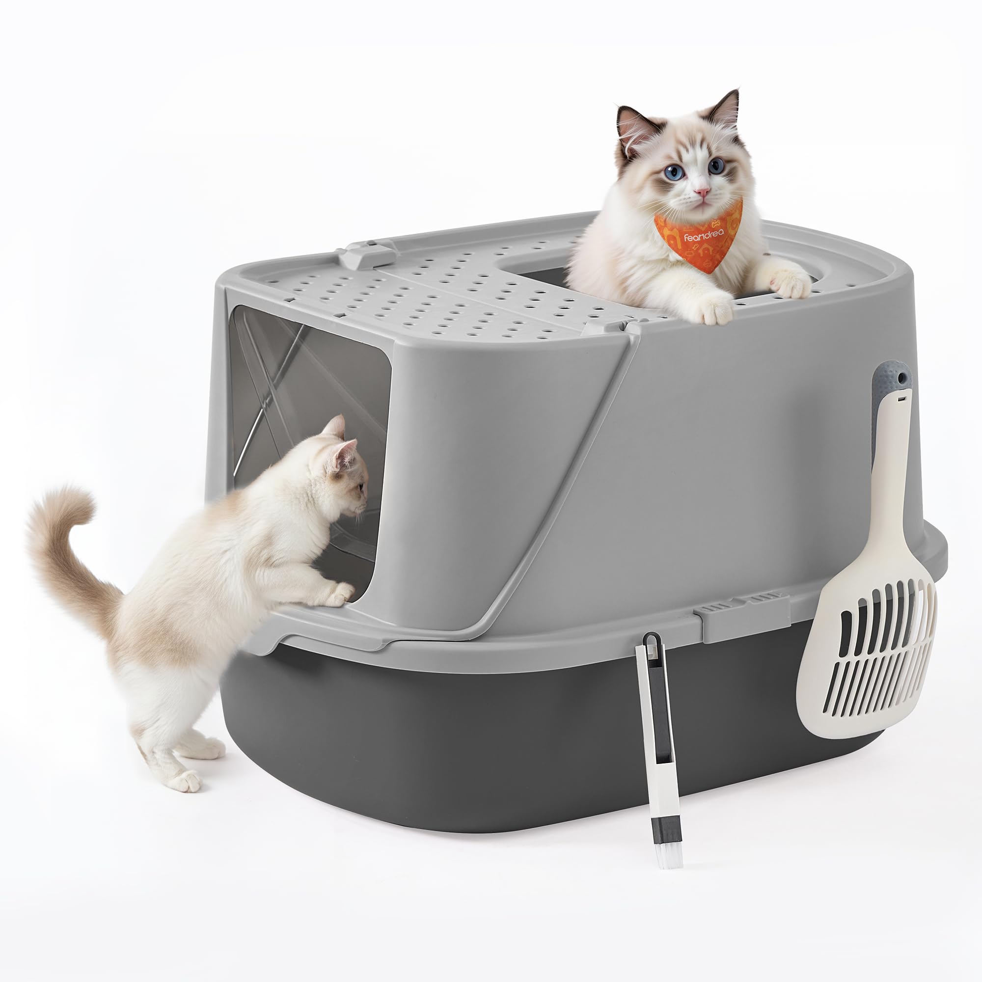 Feandrea XXL Cat Litter Box with Lid, Paddle and Brush, for Cats up to 15 kg, Dove Grey and Slate Grey PPT011GN01