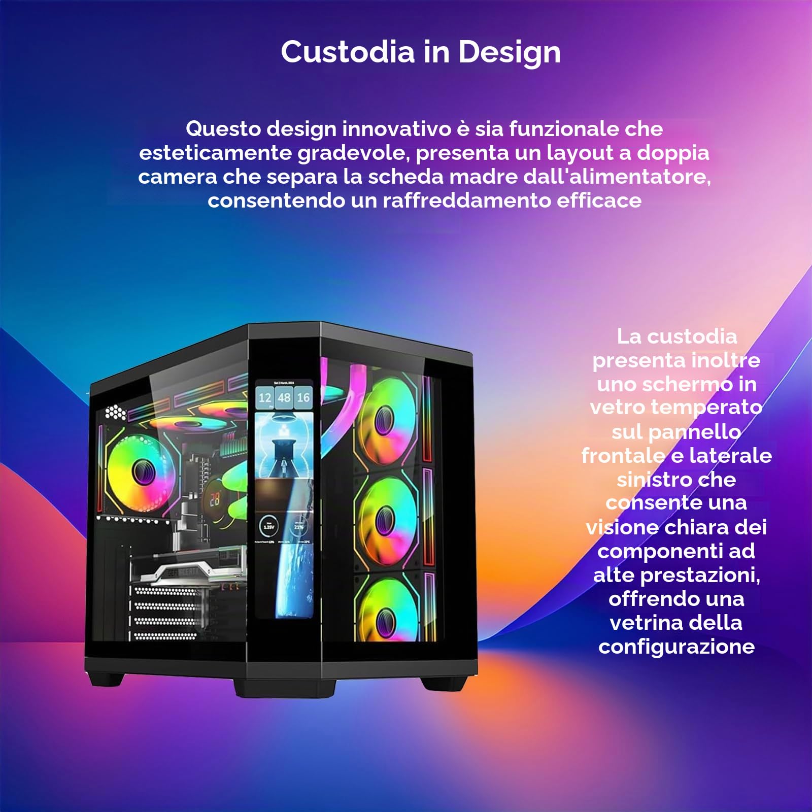 IONZ APEX Vision - Case per PC da gaming, ATX Mid Tower, doppia camera con 4 ventole ARGB PWM - Schermo LCD | Nero