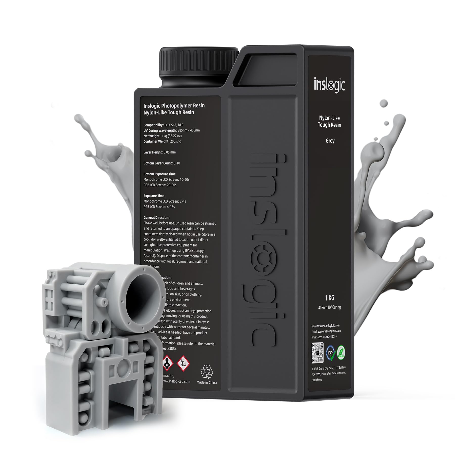 Inslogic Żywica Nylon-Like Tough do drukarki 3D, wysoka odporność na uderzenia i elastyczność dla drukarek LCD,DLP,SLA, żywica 365-405nm UV-Curing do części funkcjonalnych, 1kg, szary