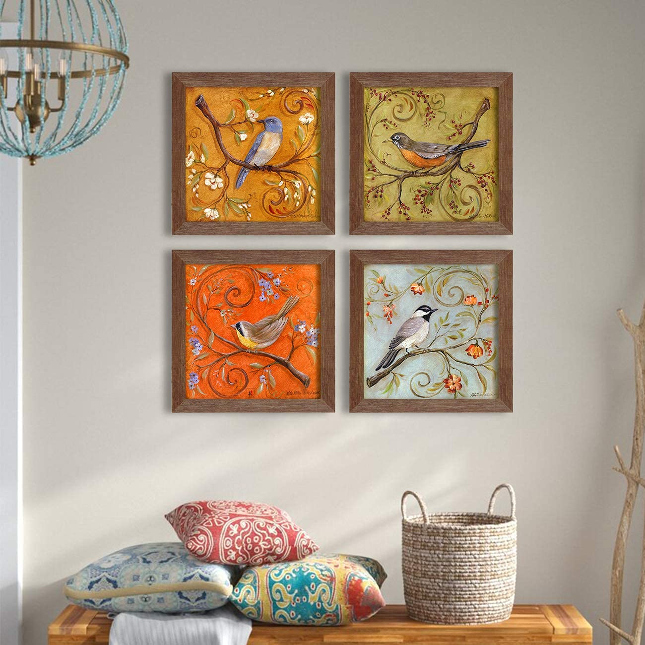 PAINTINGMANTRA Floral & Birds Theme Framed Painting/Posters for Room Decoration, Set of 4 Brown Frame UV Textured Art Prints/Posters for Living Room (4 Unit, 9 x 9 Inches)