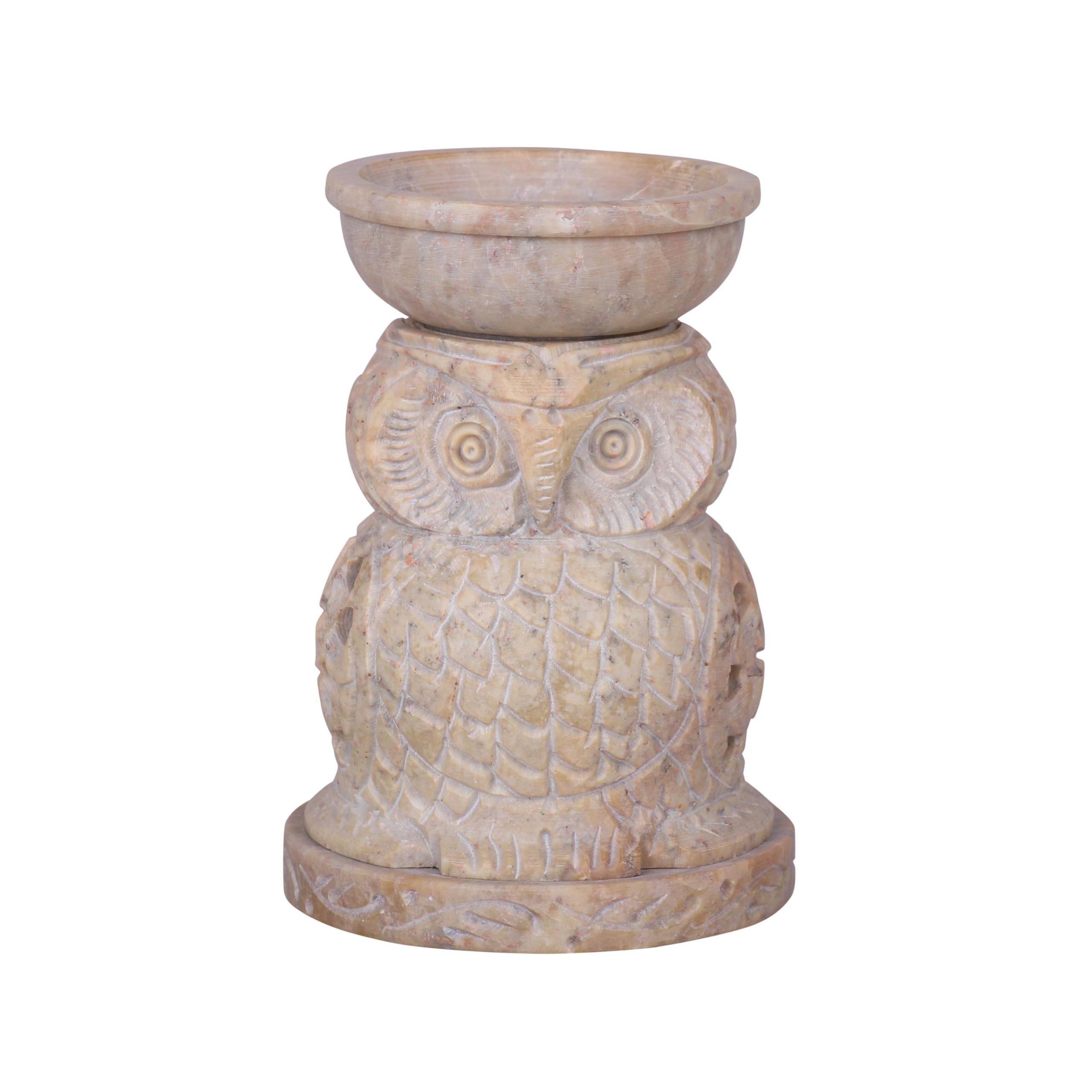 Divit Shilp Owl Essential Oil Diffuser – Handcarved Soapstone Oil Burner & Warmer With Tea Light Holder For Aromatherapy Artisan Crafted With Elegant Tendril Openwork Design (Owl)