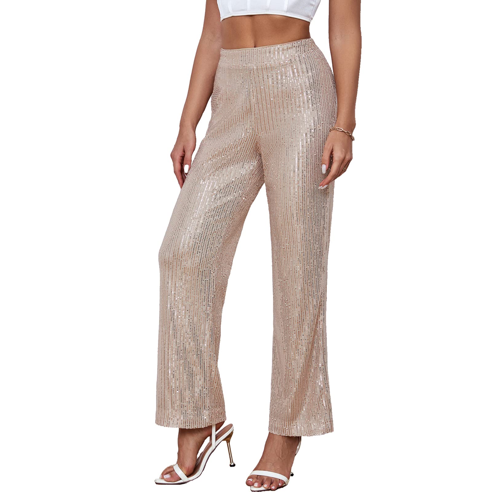 Bressanon Womens High Waist Casual Loose Sparkle Sequin Shiny Wide Leg Flare Palazzo Pants Trousers
