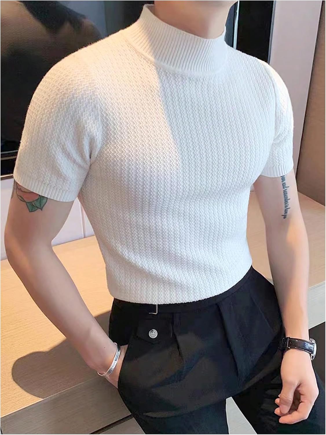 OYOANGLE Men's Mock Turtleneck Short Sleeve Knitted Tops Business Work Dressy Casual T Shirts - Image 2