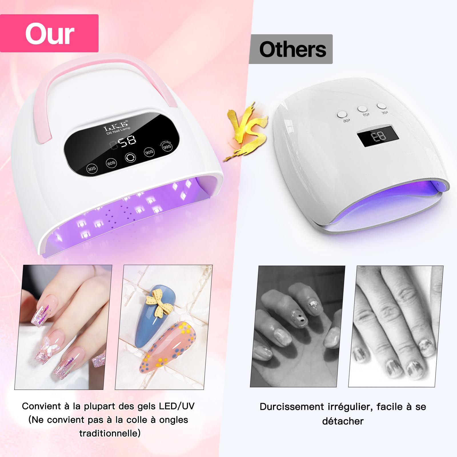 LKE Lampe à Ongles UV Led 380W Professionnelle Lampe Uv Ongles Gel Séchoirs à Ongles avec 4 Minuteries Écran Tactile LCD Capteur Automatique Poignée Portable Socle Magnétique Lampe Séchage Pour Salon