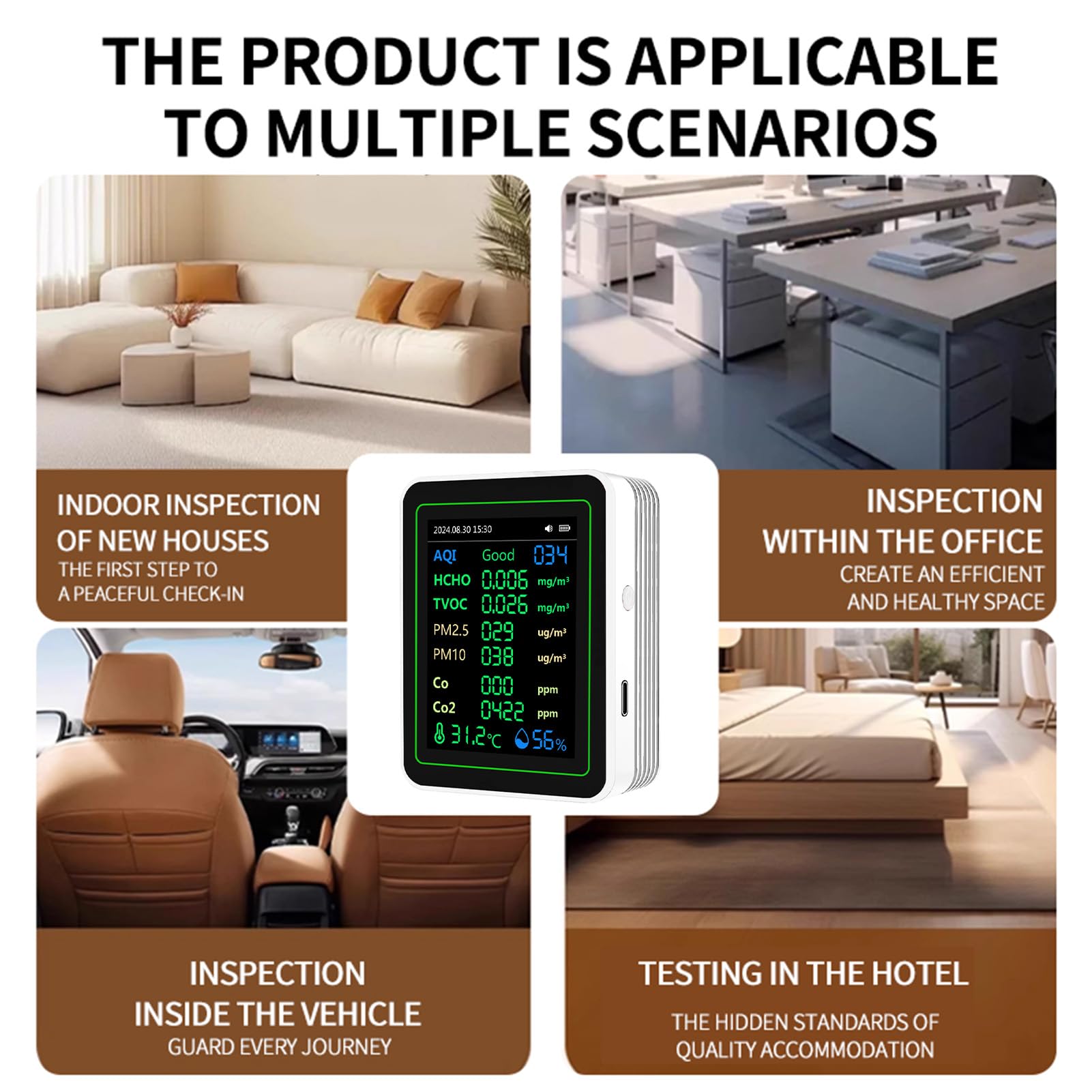 Ejoyous Tester della qualità dell'aria ABS Monitor della qualità dell'aria Interna con Schermo TFT, Rilevamento CO2 HCHO TVOC PM2.5 PM10, Batteria da 2000 MAh, umidità della Temperatura per