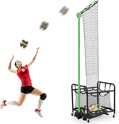 Soulchen Equipo de entrenamiento de voleibol Red de práctica de voleibol con carrito portátil con ruedas, 2 anillos de objetivo tamaño 5 ángulo y
