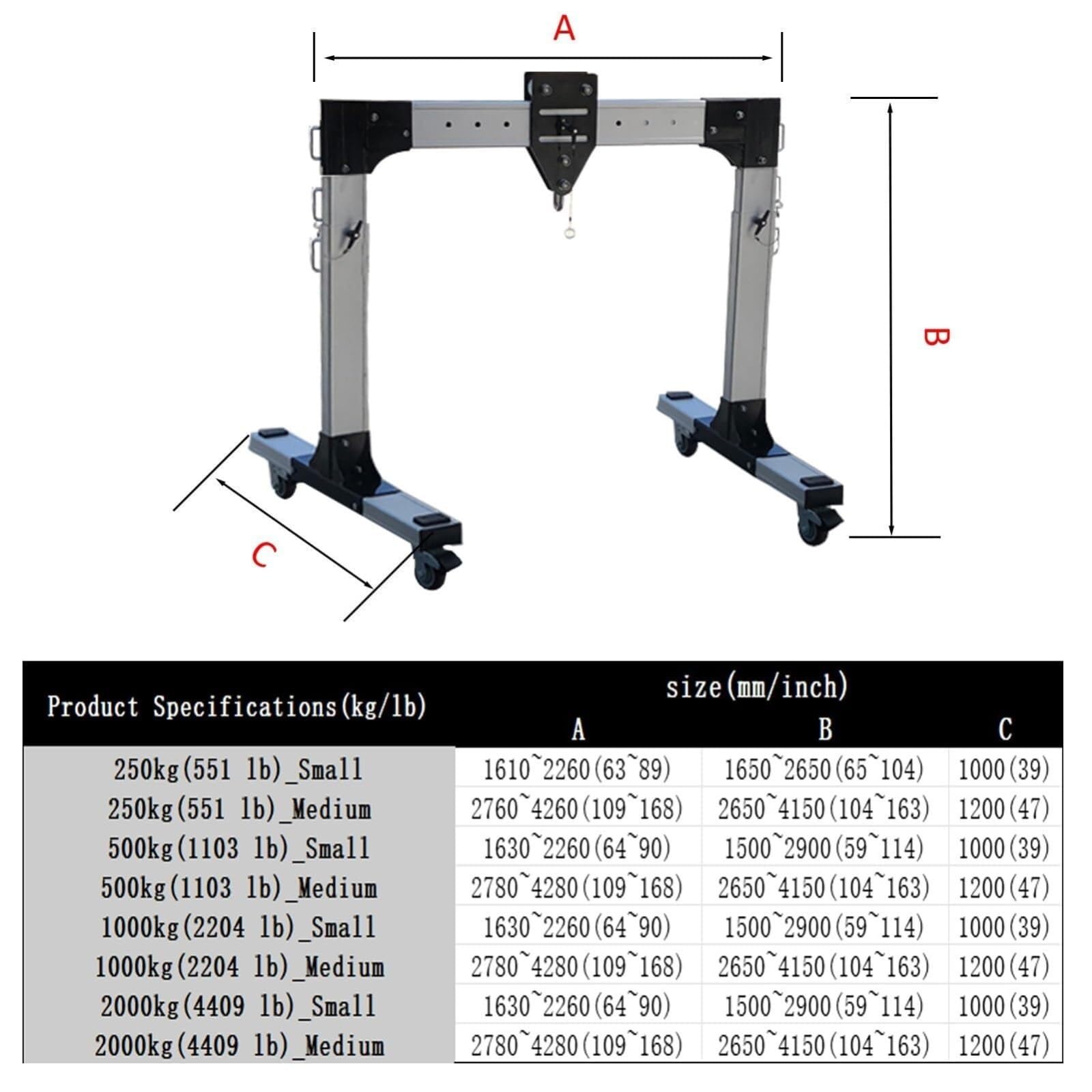Tragbarer mobiler Aluminium-Portalkran, 2000 kg Kapazität, verstellbare Höhe 8,7–13,6 Fuß & Spannweite 2,4–4,6 m, für Werkstatt, Garage, Ladestation