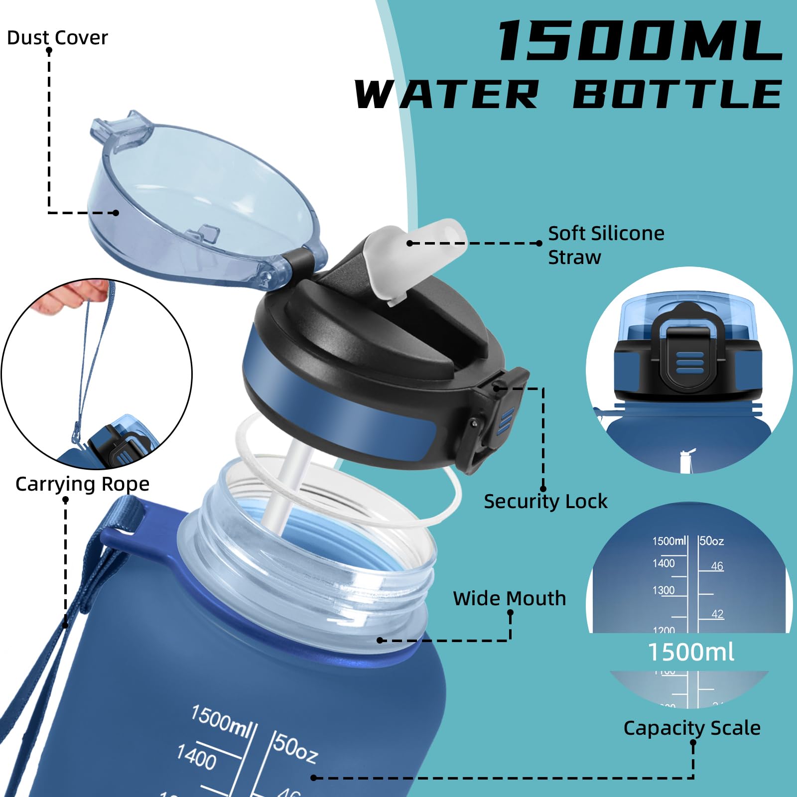 Mujigaga Borraccia 1,5 litri, Borraccia con Cannuccia, Senza Perdite, Borraccie Palestra, Borracce con Slogan Motivazionale, Facile da Trasportare, Borracce per Ciclismo, Campeggio, Fitness, Nuotare