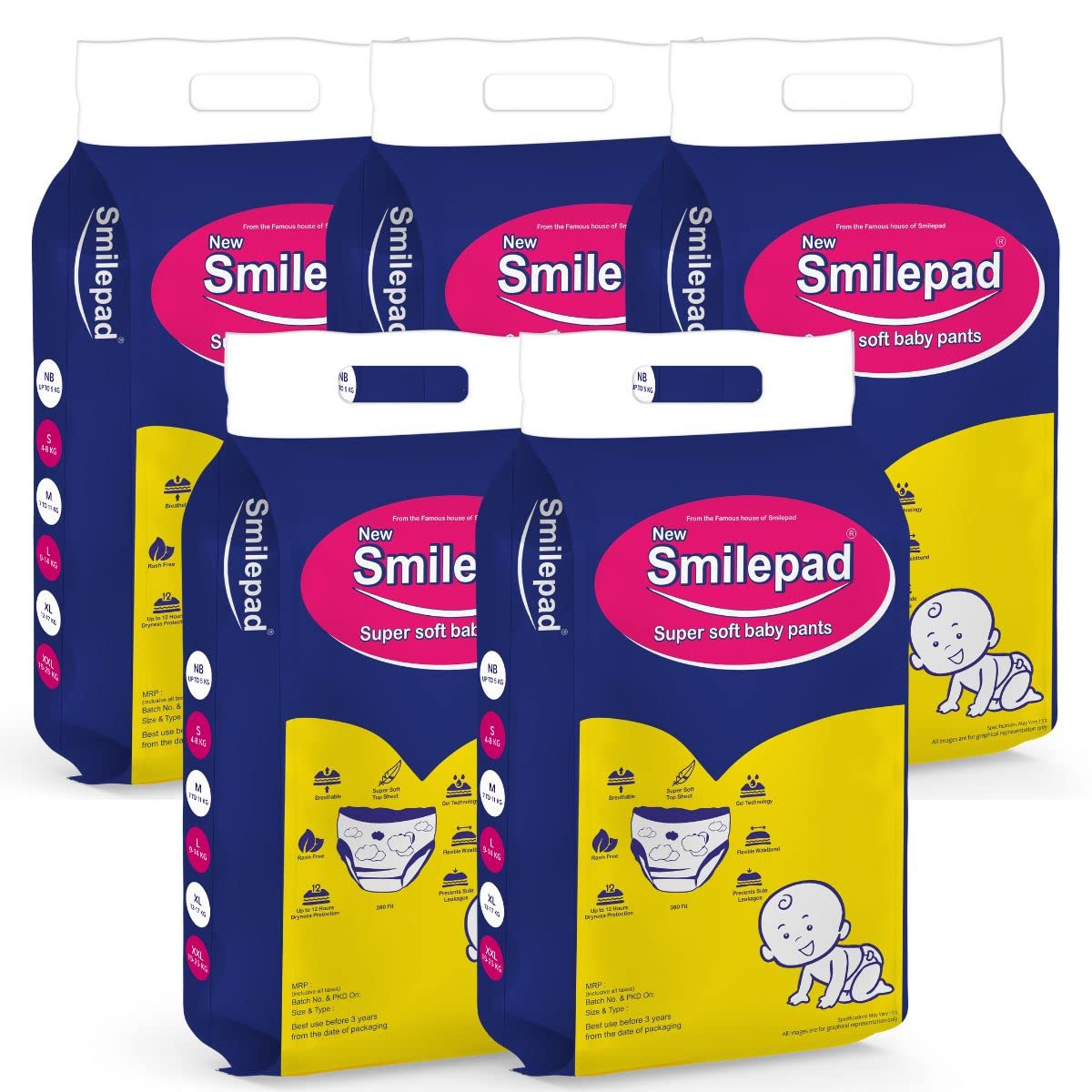 Smilepad Baby Diaper Extra Large Size | Pant Style Baby Diapers | 12 To 17 Kg, Pack of 5 (250 Diapers) - Leakage Proof With Gel Technology