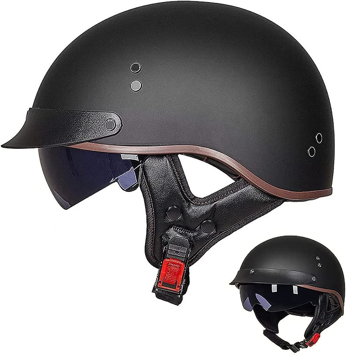 Vvpec Men's 10 Half Motorcycle Helmet For Adult Wo Ece/Dot Approved Retro Half Face Cruiser Skull Cap Chopper Scooter Cycling Vintage Street Bike City Riding With Sun Visor (Color : Size : Xl(61~62Cm))