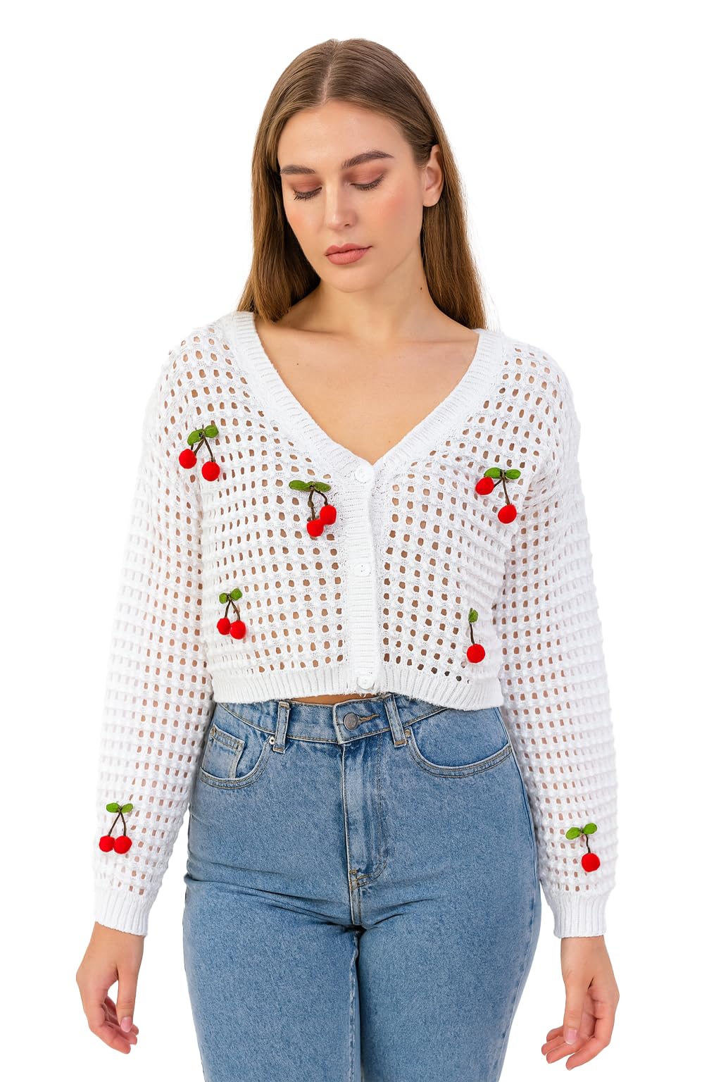Women Knit Cardigan with 3D Cherry V-Neck Long Sleeve Hollow Out Cropped Top Jacket E362-1 (in, Alpha, M, Regular, Off-White)