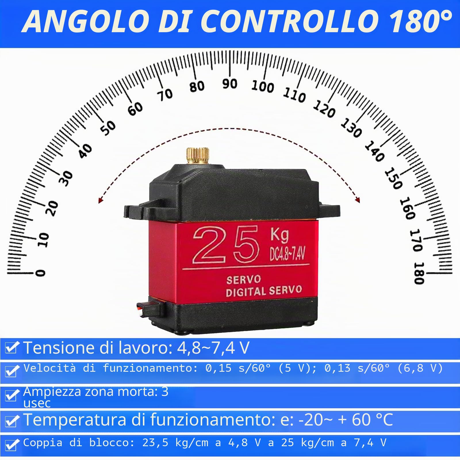 HTTYHT Servo Rc 25 Kg Servomotore 180 Gradi Metallo Gear Servo Motore Digitale High Speed Torque 7.4V DC per Arduino 1/8 1/10 1/12 Servocomando Modellismo Mano Robotica con cavo 25T Horn Servoarm