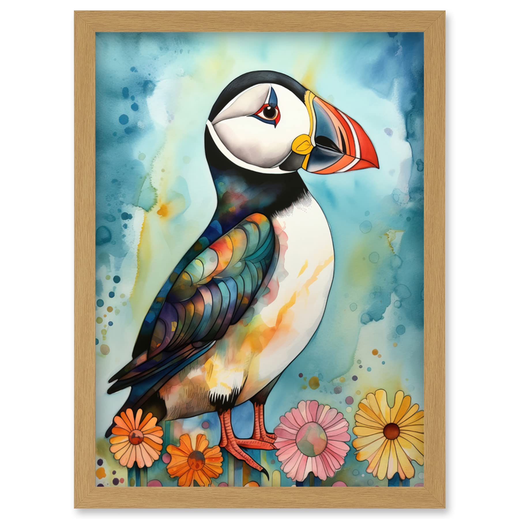 Artery8 Puffin Bird With Flowers Folk Art Artwork Framed Wall Art Print A4