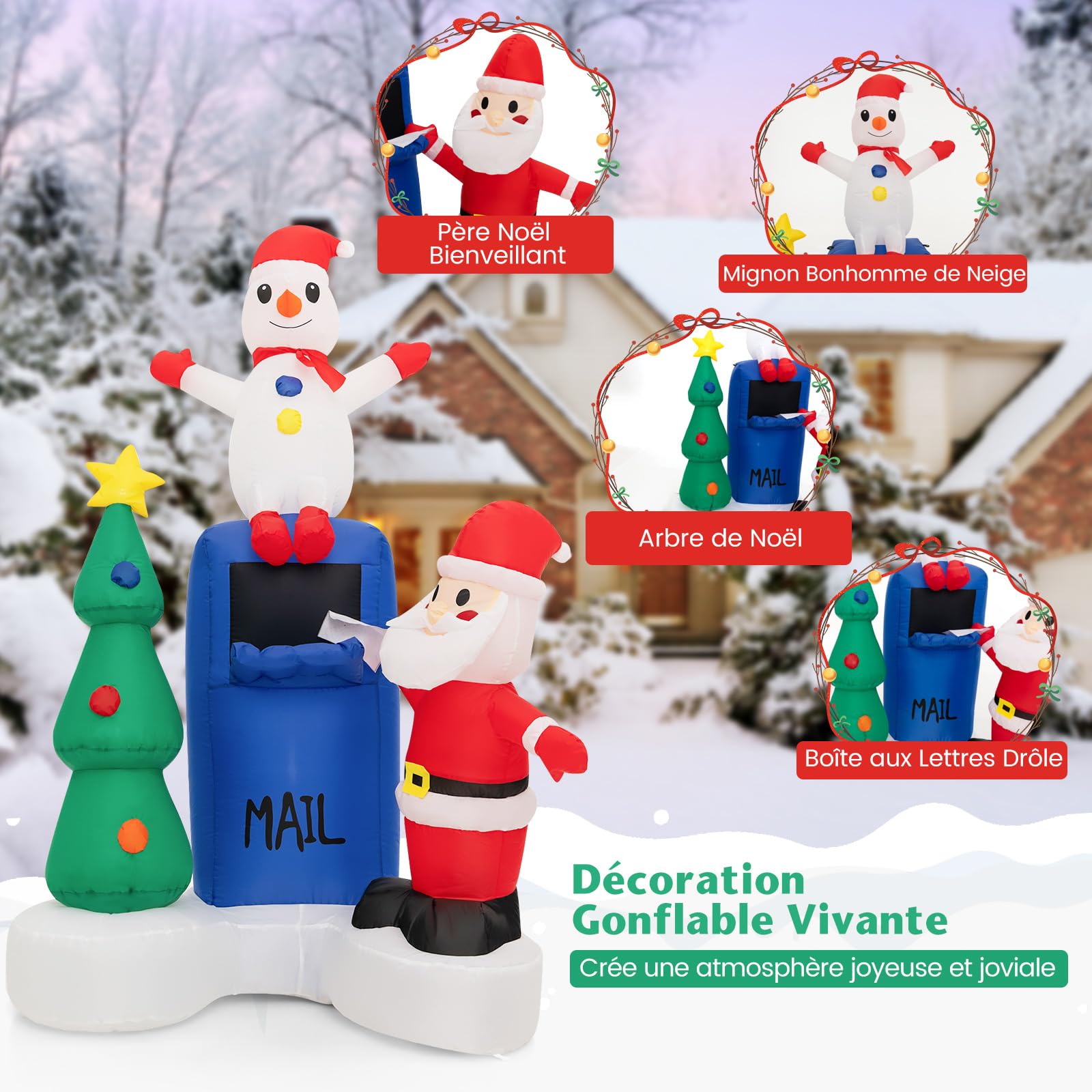 COSTWAY Décoration Gonflable de Noël 185cm avec Lumières LED | Décoration Père Noël Boîte aux Lettres et Bonhomme de Neige avec Sac de Sable pour Fêtes Intérieur/Extérieur