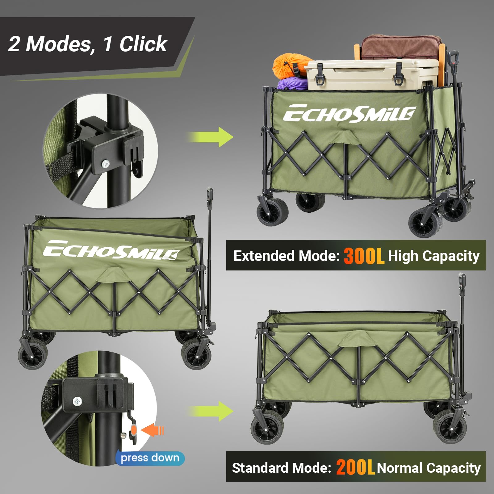 EchoSmile XXXXL Bollerwagen Faltbarer mit 300L 227 KG Belastbar - Strandwagen mit Großen All-Terrain Rädern Tragbarer Einkaufswagen Transportwagen mit Bremsen - Campingwagen für den Außenbereich, Grün