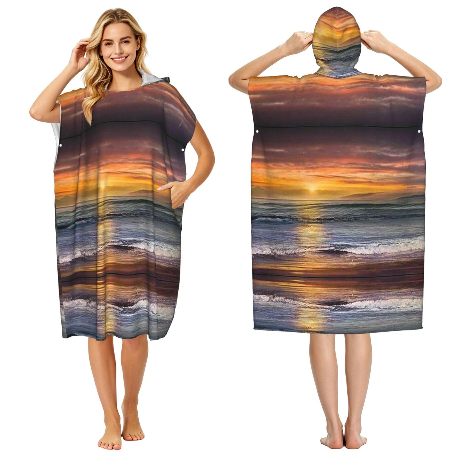 EZDLOWVBA Sunset Beach Print Hooded Poncho Microfiber Beach Towel,Adult Women & Men Changing Robe,Lightweight Summer Surf Swim Bath Poncho Towel
