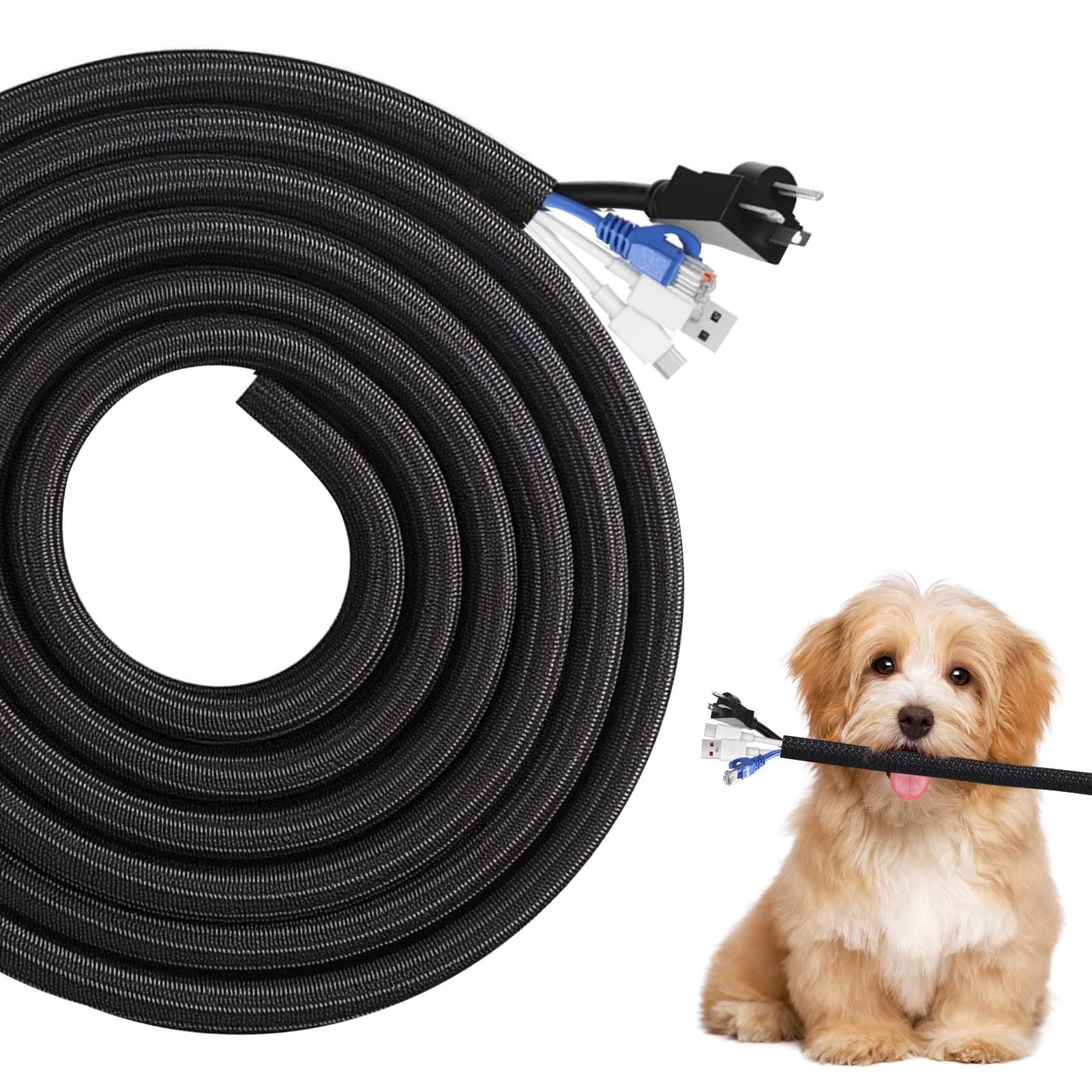 Dog and Cat Cord Protector 3 Meters 13-20mm Self Wrap Cable Sleeve Black Cable Protector Tidy Sleeve Keep Pets from Chewing Cords Expandable Braided Wire Management Sleeve Cable Wrap Cord Protector