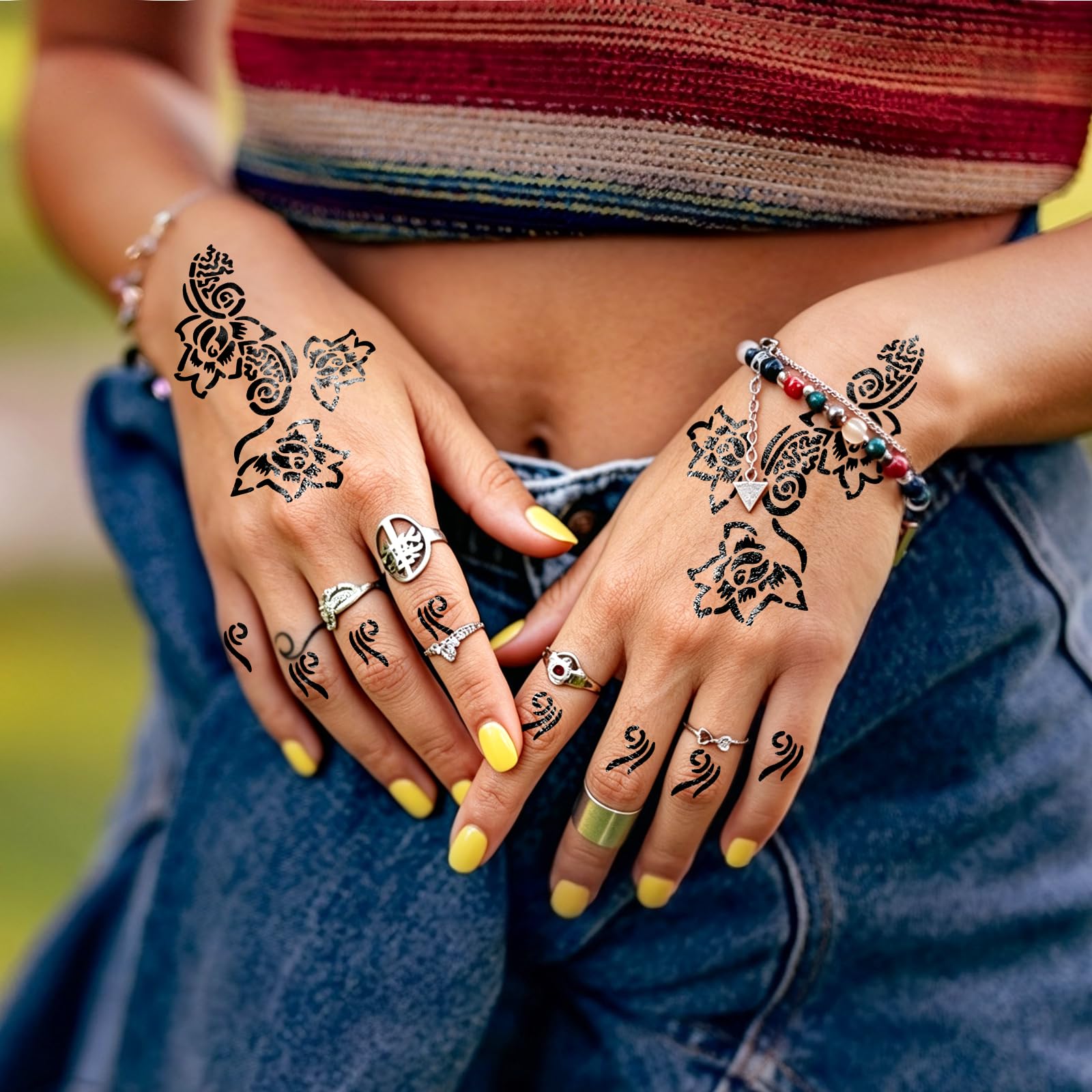 RAZET 20 Fogli Stencil per Tatuaggi per Mani, Modelli Autoadesivi per Palmi e Dita, Adesivi per Tatuaggio Temporaneo Indiano Arabo per Matrimoni e Feste