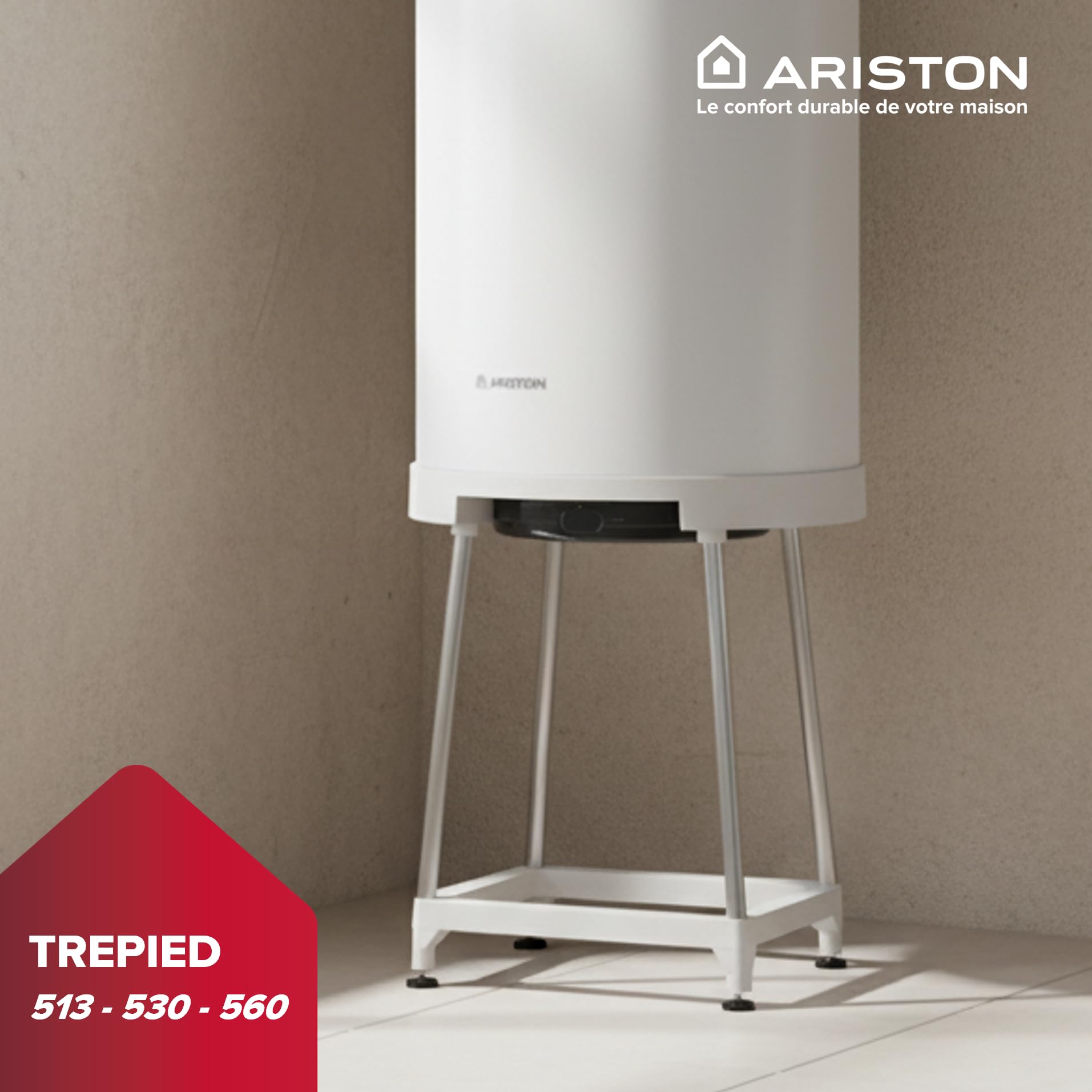 Ariston - Trepied Universel Ajustable pour Chauffe-eau Cylindrique - Diamètres 513-530-560 mm - Support Universel pour Chauffe eau muraux - Trépied 4 Pieds Réglables - 4090027