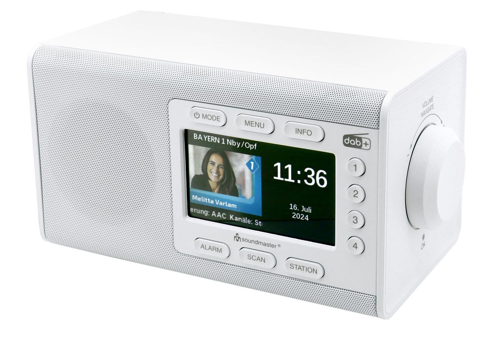 Front view of Soundmaster DAB900 Digital Radio showing the display with time and date, and control buttons.