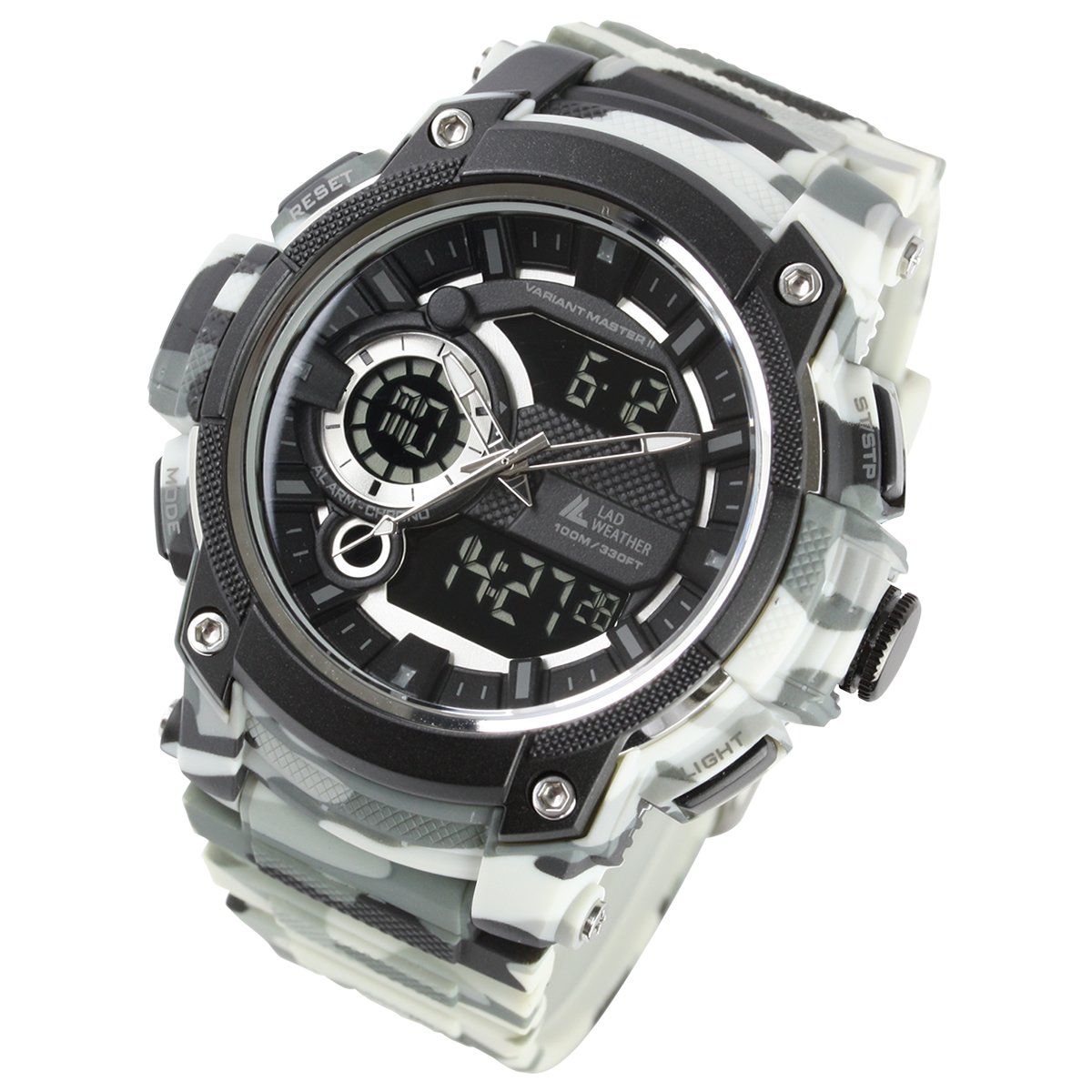 Lad-Weather Ana-Digi-Stopwatch Triple-Time Countdown-Timer-Alarm Camouflage-Combat-Watch (White)