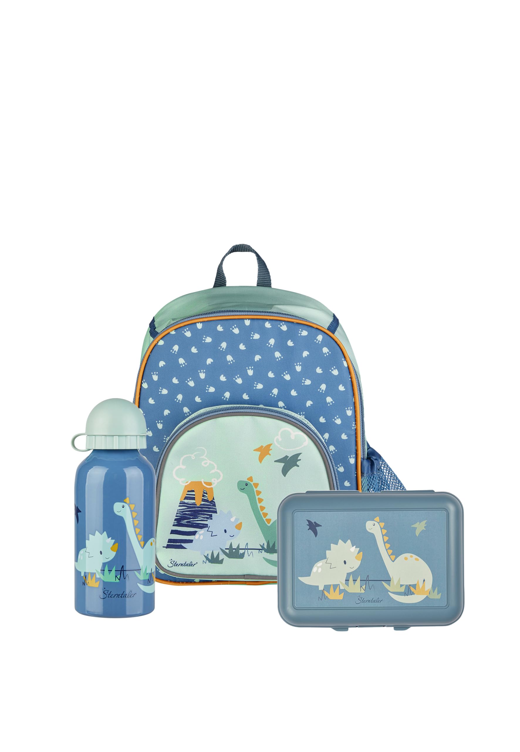 Sterntaler Kindergarten Set Dino Rexi – Unisex Set mit coolem Dinosaurier-Motiv – enthält Kinderrucksack, Brotdose und Trinkflasche – Farbe mehrfarbig