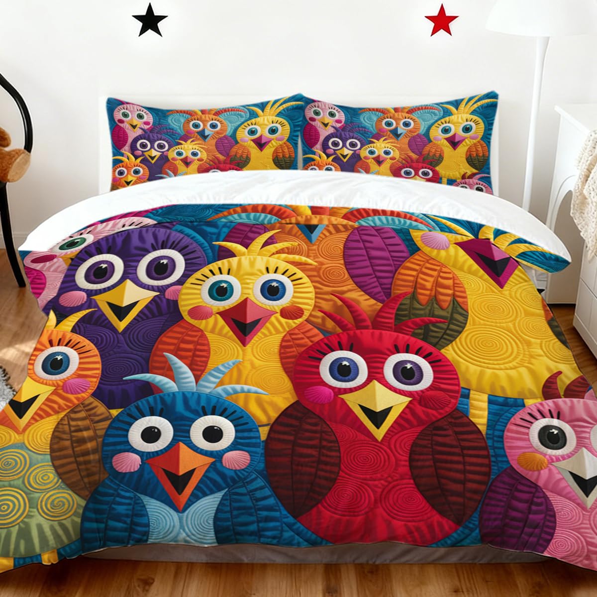 BlessLiving Panic Ducks King Size Bedding Set : Cute Boho Farmhouse Rooster Duvet Cover- Colorful Wide-Eyed Chickens Quilt Cover with 2 Pillowcases โ image 1