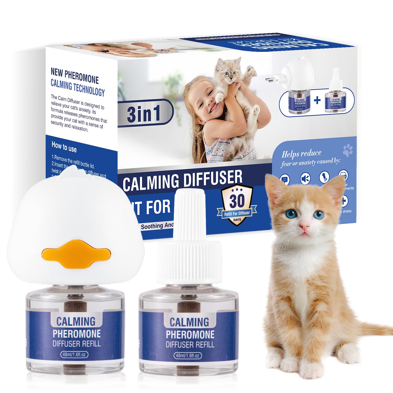 Feromoni Gatto Calmante 3 IN 1 Per Gatti Diffusore Di Kit Felini Rilassanti E Tranquillante Irrequieti Tranquillanti Antistress Repellente Gocce Calmanti Insapore（1 Tappo + 2 Ricariche Da 48ml）