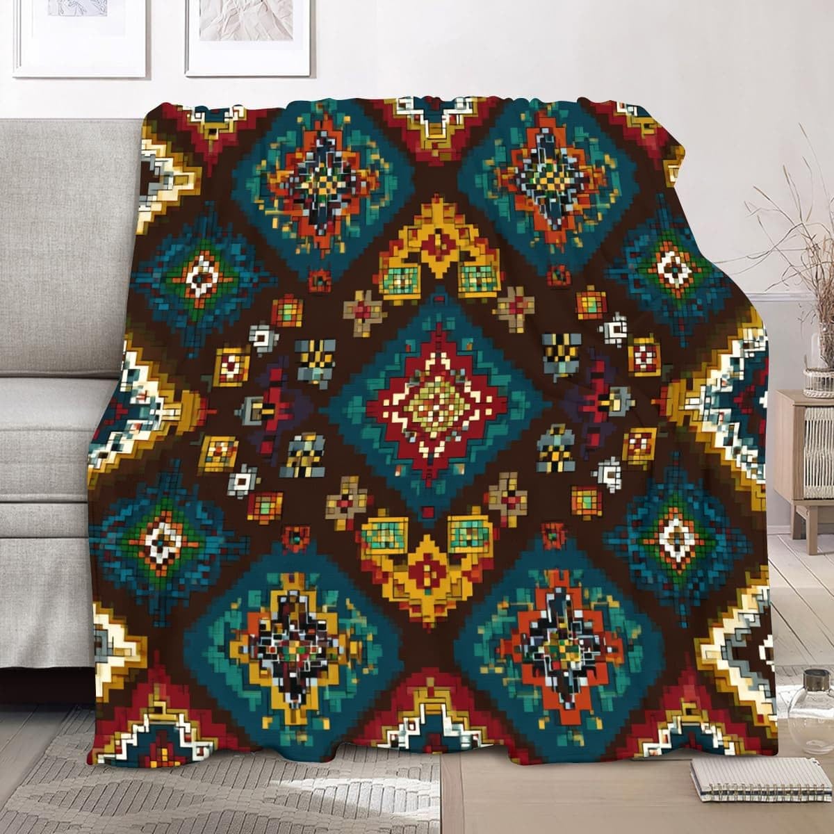 Coperta di lana leggera Antistatica XXL 180x200cm Motivo Geometrico Retrò Coperta in flanella Super Morbida Multicolore per letto Divano Ufficio Ginocchiera letto Auto Campeggio Spiaggia