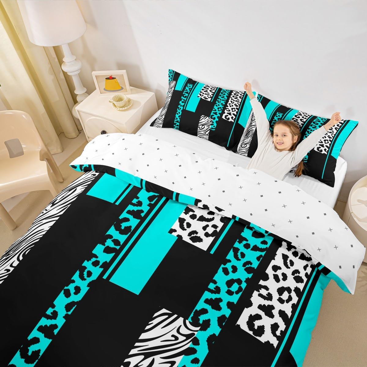 Feelyou Leopard Zebra Bedding Set King Size Kids Cheetah Teal White Black Comforter Cover Set for Boys Teens Animal Print Duvet Cover Breathable Safari Bedspread Cover Geometric Room Decor Quilt Cover