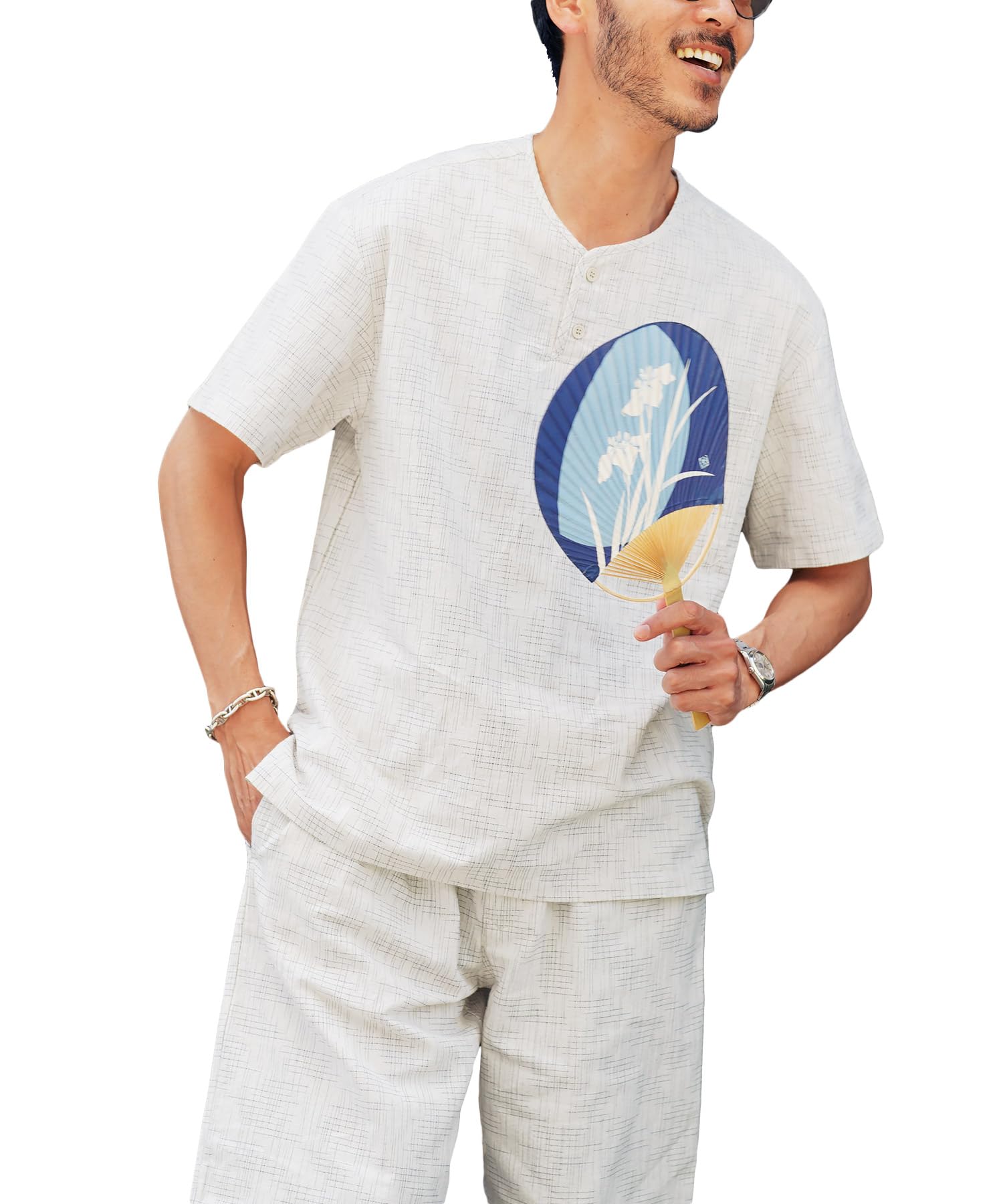 Men's Jinbei Kasuri Pattern Shijira Cotton Henley Neck Japanese Summer Set