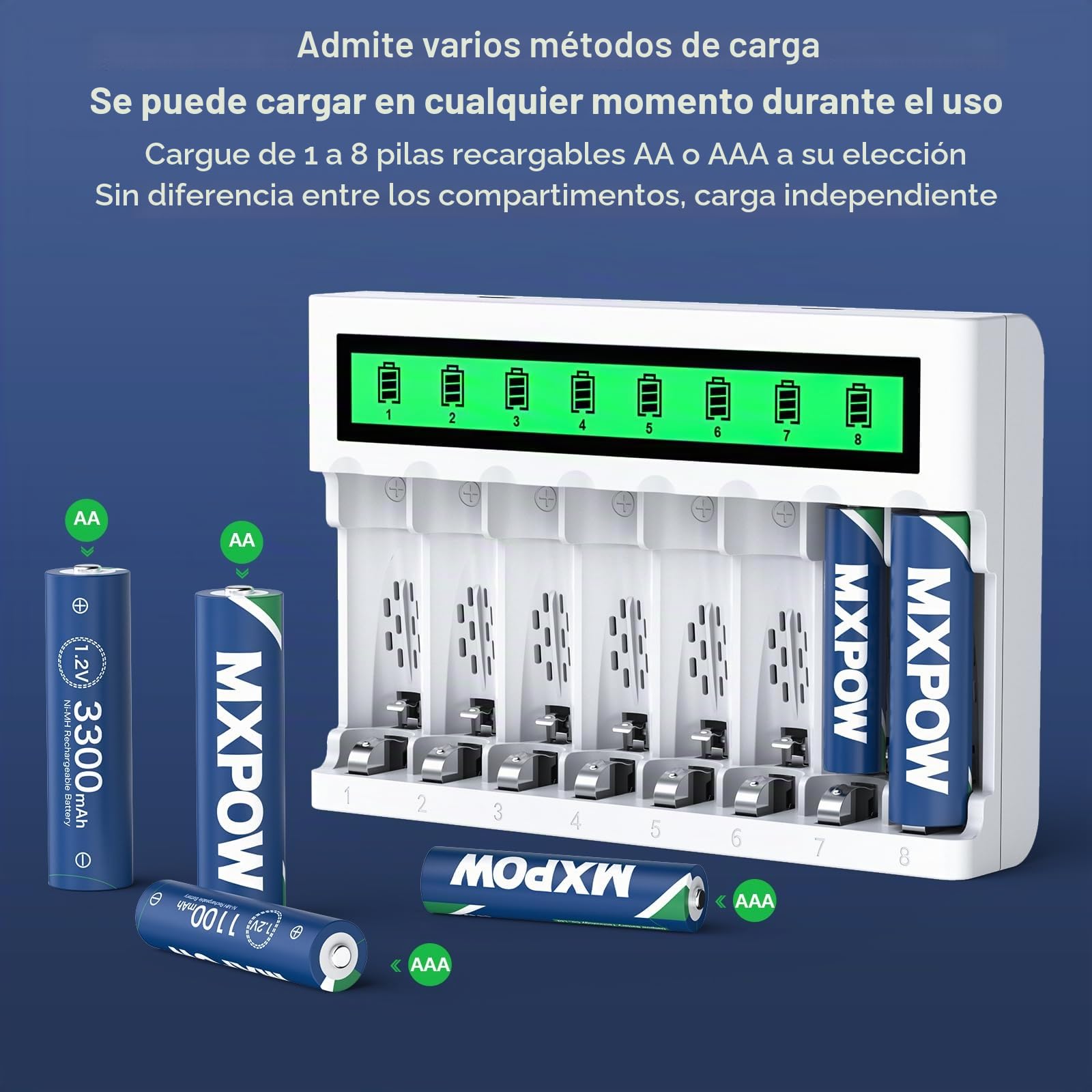 Cargador Pilas Recargables AA y AAA, 4 AA 3300mAh, 4 AAA 1100mAh | 1,2V, 8 bahías, Pantalla LCD, Para mandos a distancia, relojes, linternas, radios portátiles, juguetes