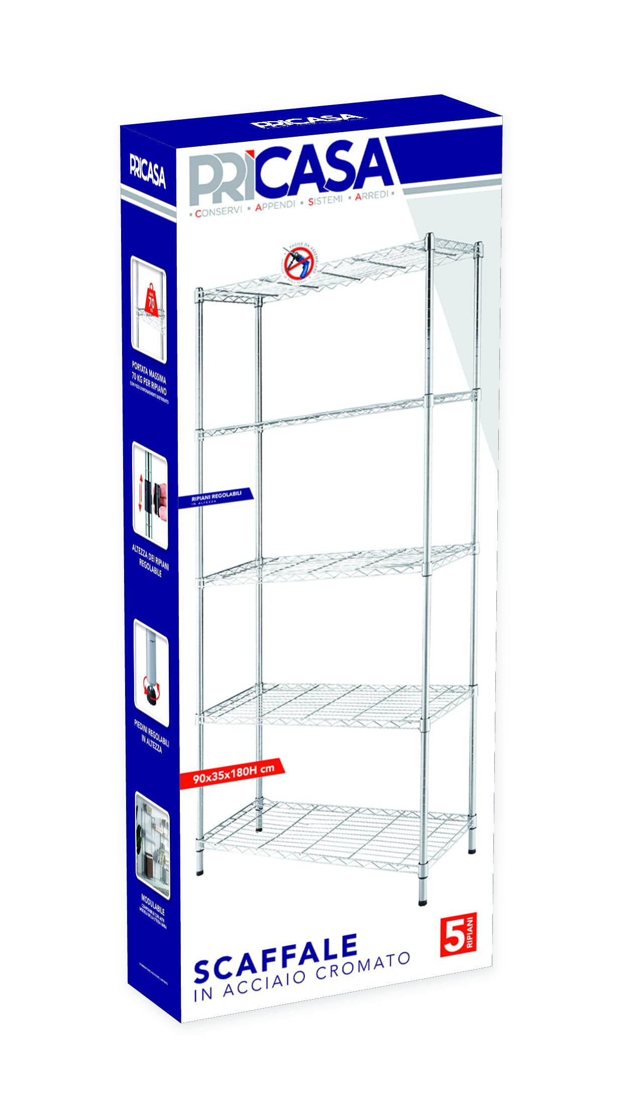 Scaffale Metallo Cromato 90x35x180CM 5 Ripiani Regolabili Portata 70Kg a Ripiano Scaffale Modulare in Acciaio Cromato Robusto per Casa Ufficio Garage Cucina Spazi Organizzati