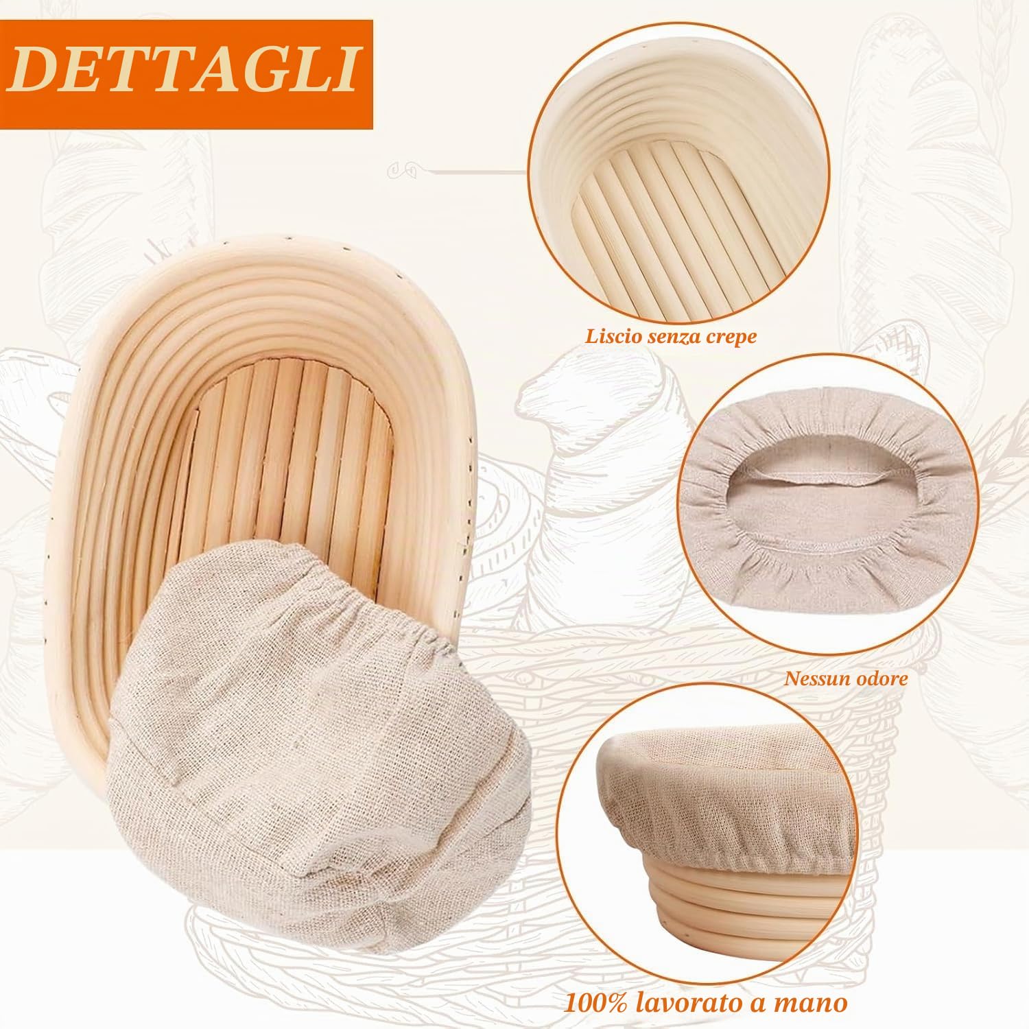 Confezione da 6 cestini ovali lunghi per la lievitazione del pane, in rattan, con fodera in lino, per panettieri professionali e casalinghi, 17 x 11,9 x 6,1 cm | Set di cesti in rattan fatti a mano per la produzione di pane e pasta saura, 6 pezzi (17,8 cm